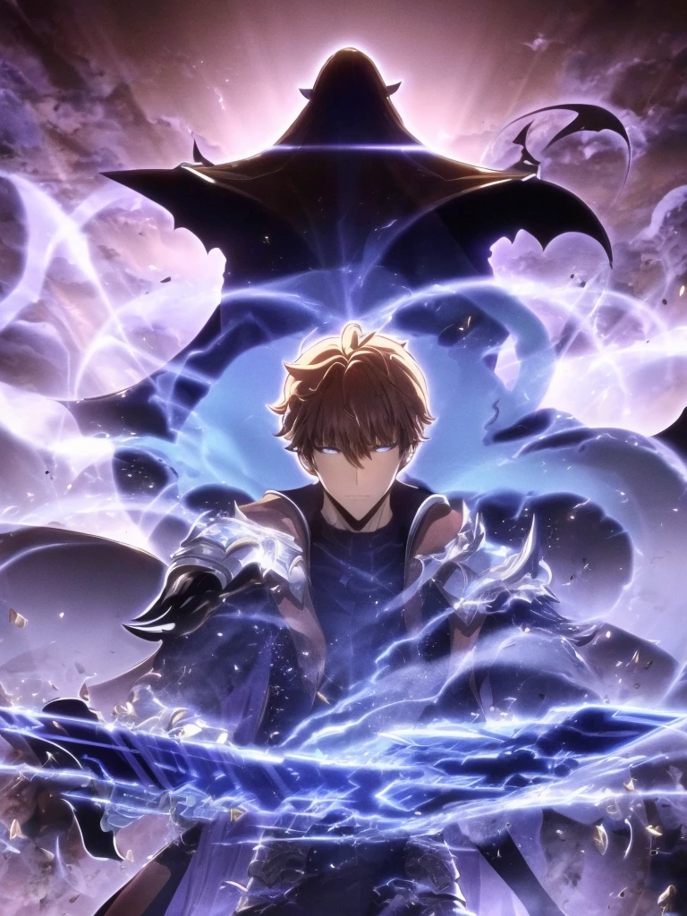 ultra HD 8k best quality,ultra-detailed,realistic:1.37,portrait,dark fantasy,anime,solo leveling,heroic character, one boy,Brown eyes, Brown hair, overcoat with hood, sharp focus,magical powers,mysterious aura,dynamic pose,threatening expression,glowing eyes,demonic presence,grim reaper cloak,detailed armor,enchanted weapon,dark background,eerie lighting,blue color palette,smoke effects,action scene,high contrast,fluid brush strokes,masterpiece:1.2