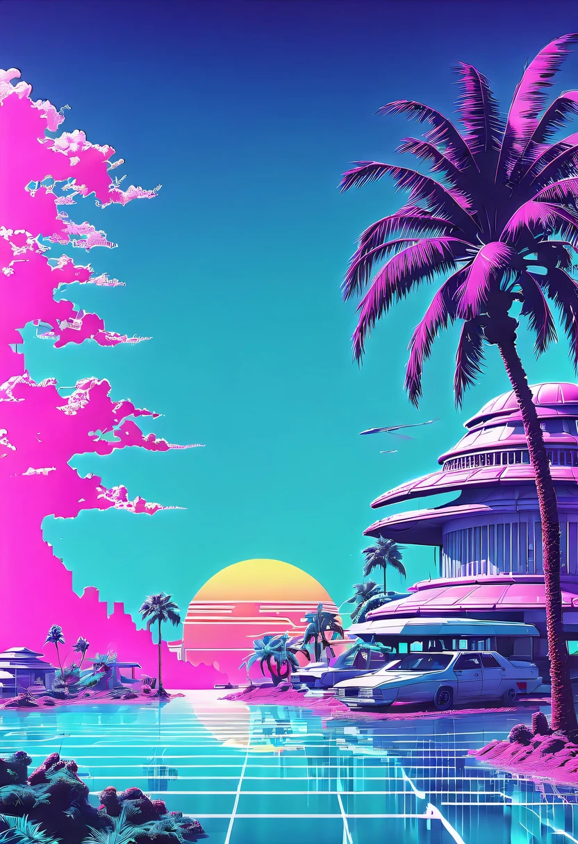 (vaporwave aesthetics:1.8)，futuristic city, English title，fantasy, matrix, desert, ocean, Chinese pavilions,Retro 70s screen close-up,coconut tree,24th century,Strong psychedelic colors and retro-future decadence,distressed and stylized, illusory、Collage、No order，dystopian、Lo-Fi、