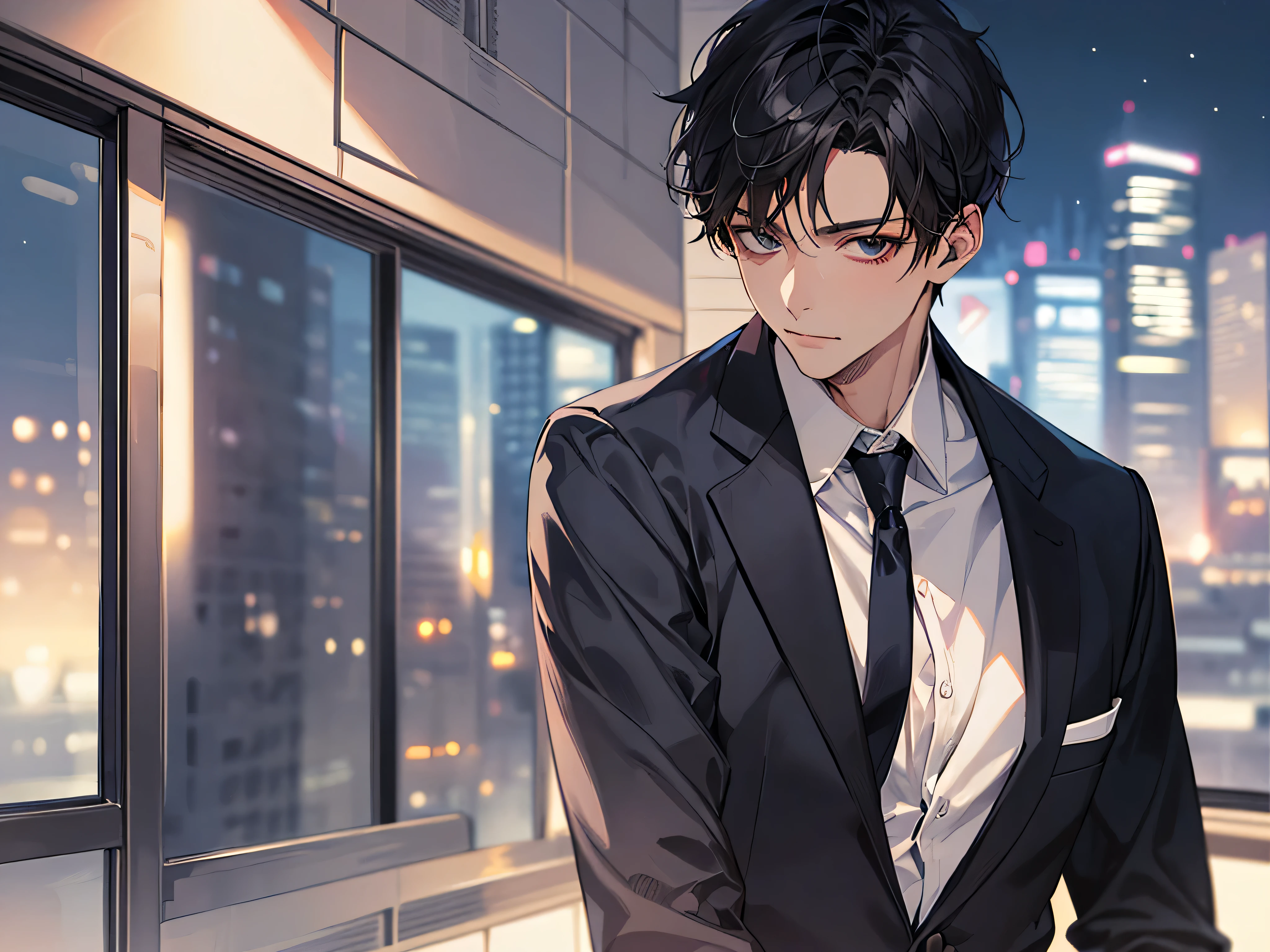 ((close up)),masterpiece,shoot from below, upper body shot, business Suit,tie,man,solo,(40-year-old),Black top, short hair,looking at viewer,office room,(night)