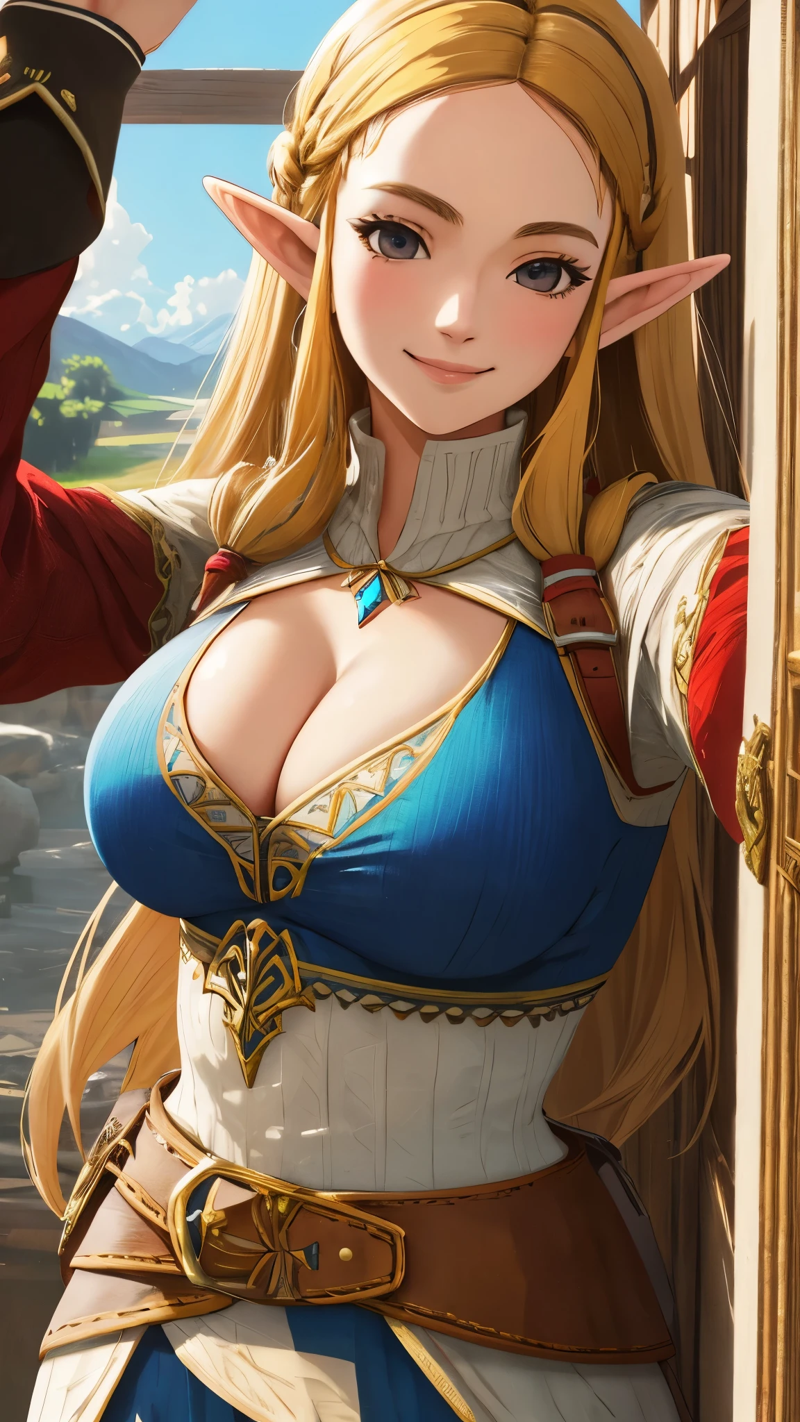 (self-shot:1.3), lifelike, zelda, Smile,, (masterpiece, best quality, detailed:1.3)big breasts，cleavage