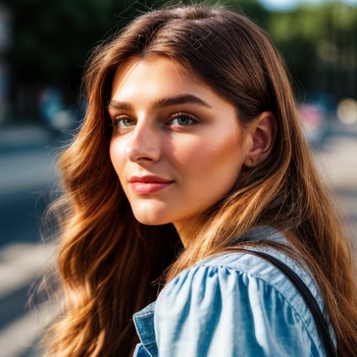 Beautiful girl,20 years old brown haired, long hair,wearing a blue dress.