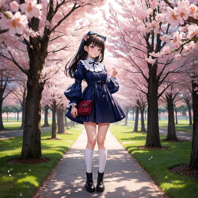 master piece　Highest image quality　A -yeld Jaese girl is standing wearing a navy blue one-piece dress with puff sleeves..  lolita fashion　full body painting　Standing picture cherry blossom trees　(cherry blossom petals are falling:1.4)　tilt your head slightly　Dark brown boots　white knee socks　Brown pouch　Long straight black hair　standing , (full body:1.4) , (toe:1.4)