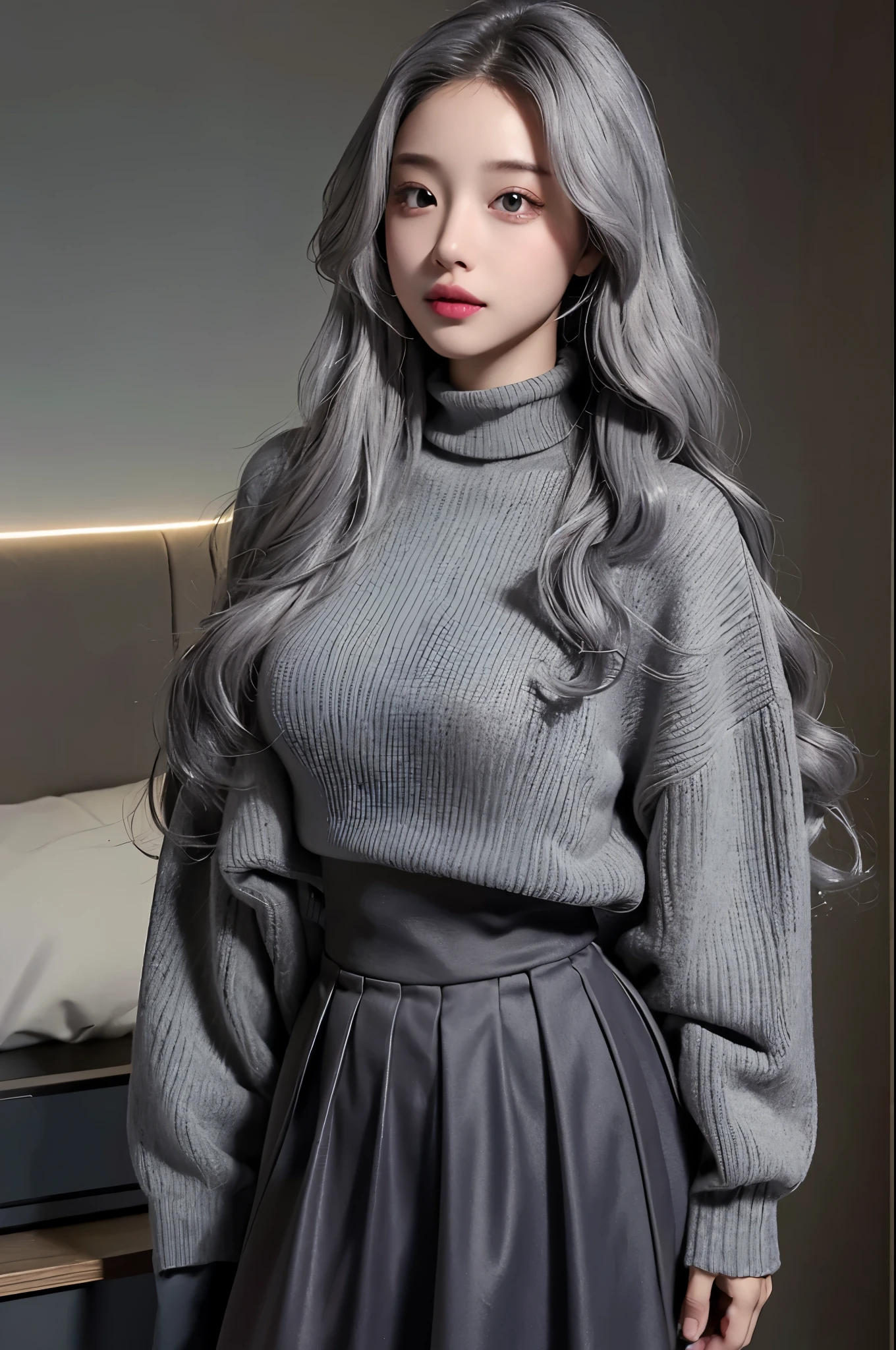 realistic, High resolution, 1 female, glowing skin, alone, wide lips,long hair,wavy hair, hip up,saggy breasts,small face,Gray color hair,Color Contacts,Turtleneck sweater,long skirt,Wearing a down jacket