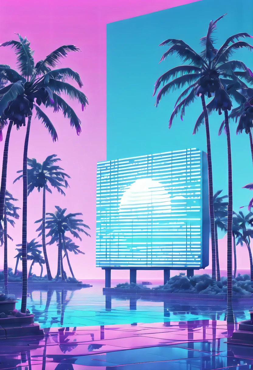 (vaporwave aesthetics:1.8)，futuristic city, English title，fantasy, matrix, desert, ocean, Chinese pavilions,Retro 70s screen close-up,coconut tree,24th century,Strong psychedelic colors and retro-future decadence,distressed and stylized, illusory、Collage、No order，dystopian、Lo-Fi、