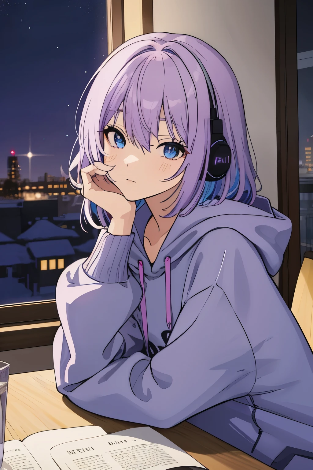 Scene View,null,anime style, house light ,night,headrest, intense angle, Curtsey,(Light purple hair)、(Web Hair)、medium hair、sparkling blue eyes、winter scenery,highest quality、Multicolored hair、((indoor))、headphone、hoodie