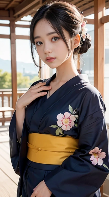 (mesa, Mejor calidad:1.4), Hermoso rostro, 8k, 85mm, absurdo, (Yukata con estampado floral:1.4), La parte superior del cuerpo, Exponiendo los senos、 violacea, Gardeniass, chica delicada, Solo, noche, mirando al espectador, parte superior del cuerpo, film grain, chromatic aberration, Sharp focus, luces de cara, professional lighting, Sofisticado, (Sonrisa:0.4), escote, (Fondo simple, fondo bokeh:1.2), Detalle de cara