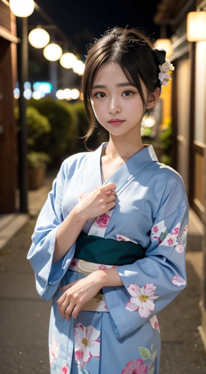 (mesa, Mejor calidad:1.4), Hermoso rostro, 8k, 85mm, absurdo, (Yukata con estampado floral:1.4), La parte superior del cuerpo, Exponiendo los senos、 violacea, Gardeniass, chica delicada, Solo, noche, mirando al espectador, parte superior del cuerpo, film grain, chromatic aberration, Sharp focus, luces de cara, professional lighting, Sofisticado, (Sonrisa:0.4), escote, (Fondo simple, fondo bokeh:1.2), Detalle de cara