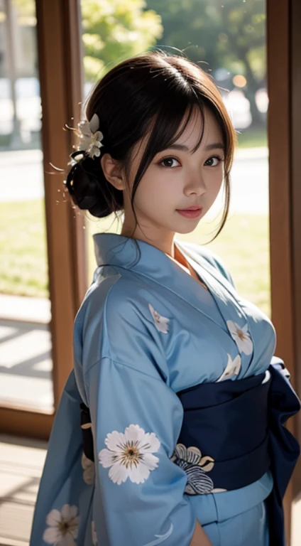 (mesa, Mejor calidad:1.4), Hermoso rostro, 8k, 85mm, absurdo, (Yukata con estampado floral:1.4), La parte superior del cuerpo, Exponiendo los senos、 violacea, Gardeniass, chica delicada, Solo, noche, mirando al espectador, parte superior del cuerpo, film grain, chromatic aberration, Sharp focus, luces de cara, professional lighting, Sofisticado, (Sonrisa:0.4), escote, (Fondo simple, fondo bokeh:1.2), Detalle de cara