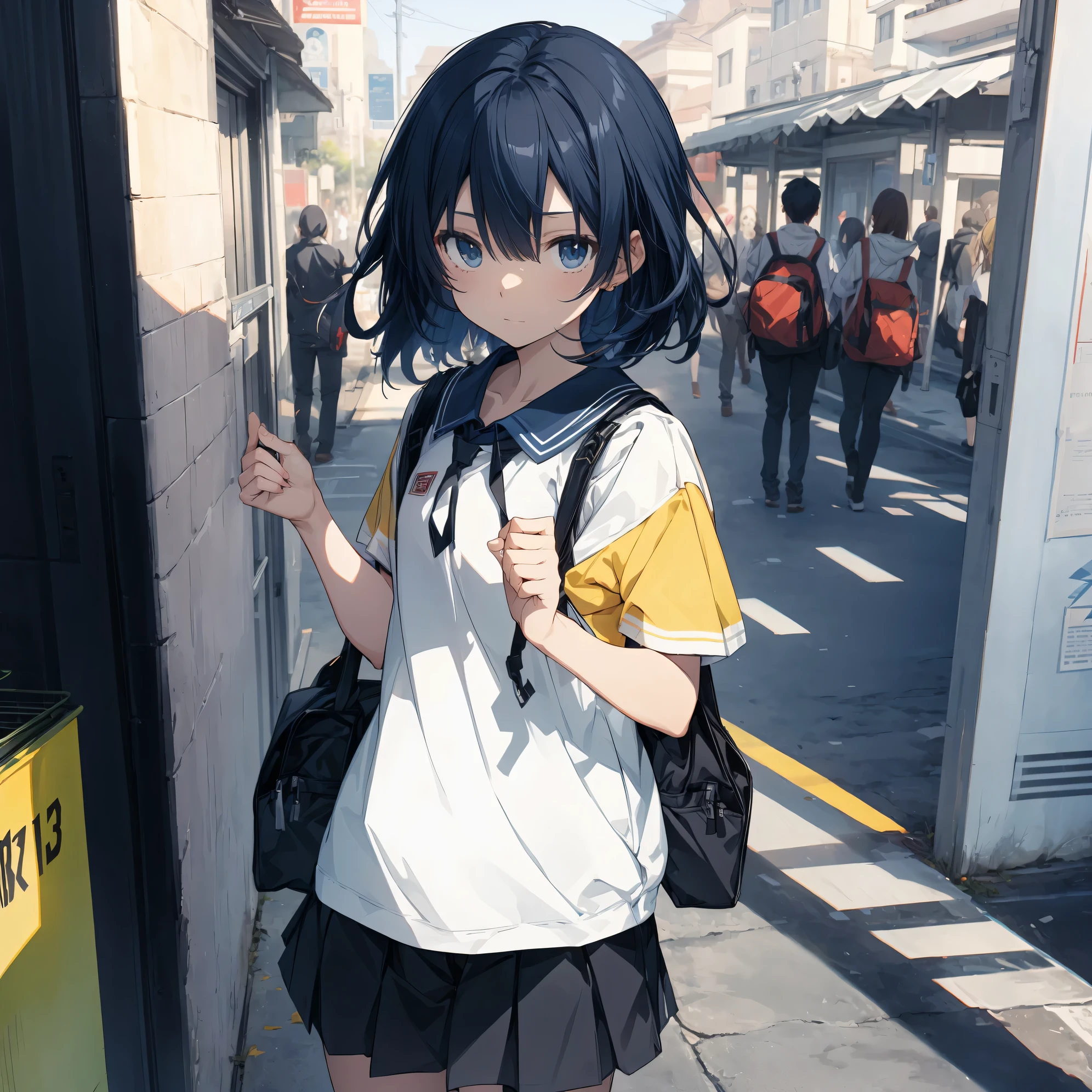 Super high quality by the art god, super detailed, High resolution, Shinkai Makoto style, anime moe art style, best anime 8K konachan wallpaper, pixiv contest winner, perfect anatomy, break,(眠そうにalone学校へ行く女の子を描いてください. ),break, surreal high school girl, (alone,lolita, , 13 years old:1.3),All limbs, full finger,, androgynous charm, (very short hair), messy hair, flat chest, , small ass, between legs, Small black eyes,hanme,beautiful and fine eyes, Well-proportioned iris and pupils, sleepy eyes, High resolutionの詳細な髪, wearing school uniform, (skirt), On the way to school. break,super dense skin, Best lighting by famous artists, 8K, figure,