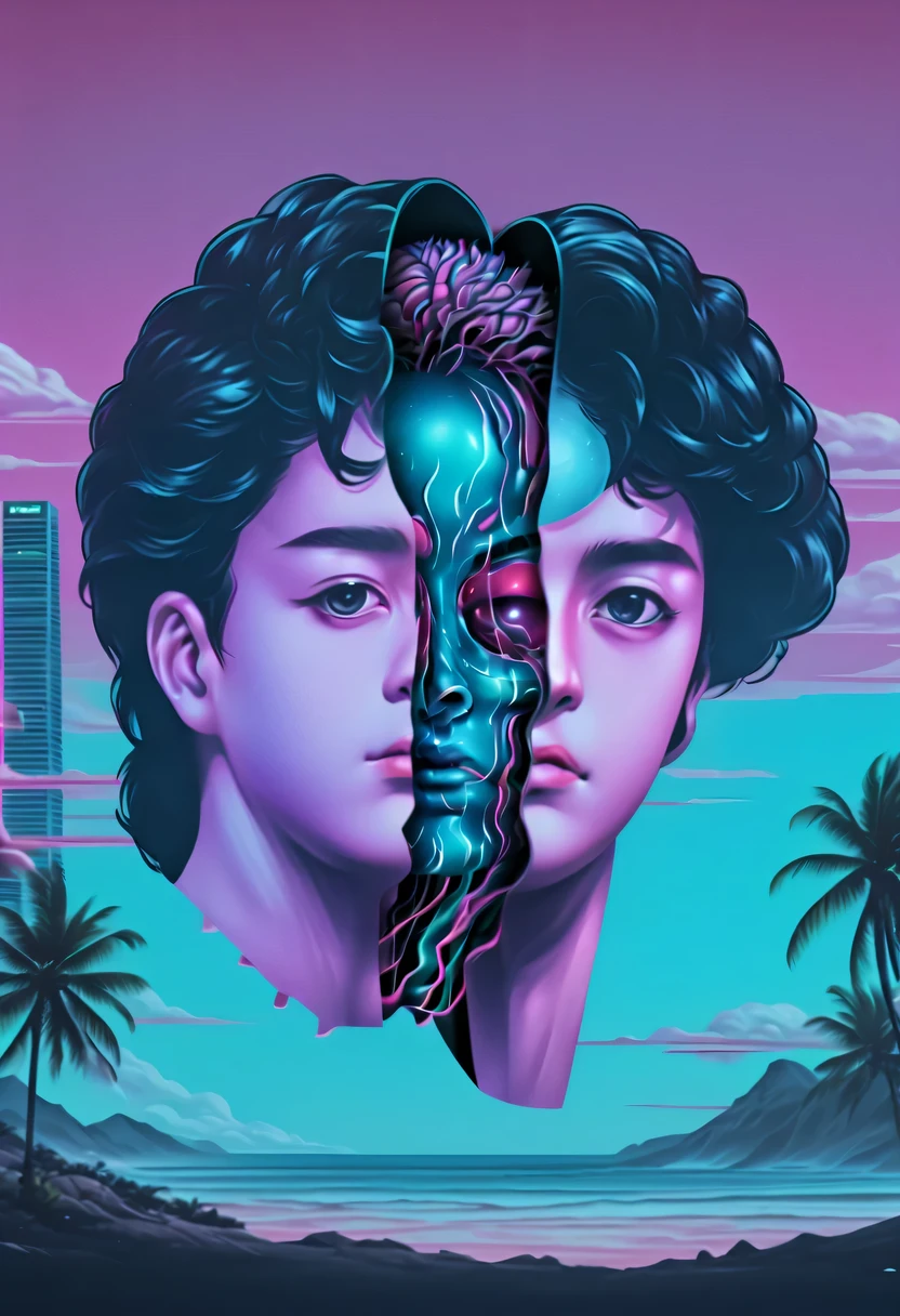 vaporwave怪诞美学,High saturation color,David bust sculpture head and body separated, double contact, 商品ocean报,High saturation color,futuristic city, English title,fantasy, matrix, desert, ocean, Chinese pavilions,Retro screen close-up,coconut tree,24th century,Strong psychedelic colors and retro-future decadence,distressed and stylized, illusory、Collage、No order,dystopian、Lo-Fi、sample fusion jazigital、chiptune、Fault art、futuristic、High quality、dematerialized art、retro tech、Surrealism,vaporwave nostalgia, very vaporwave, maximalist vaporwave, vaporwave, vaporwave!, vaporwave aesthetics, cyberpunk vaporwave, 90s aesthetic, vaporwave art, 90s aesthetic, 90's aesthetic, hip hop vaporwave, vaporwave aesthetic, vaporwave cartoon,