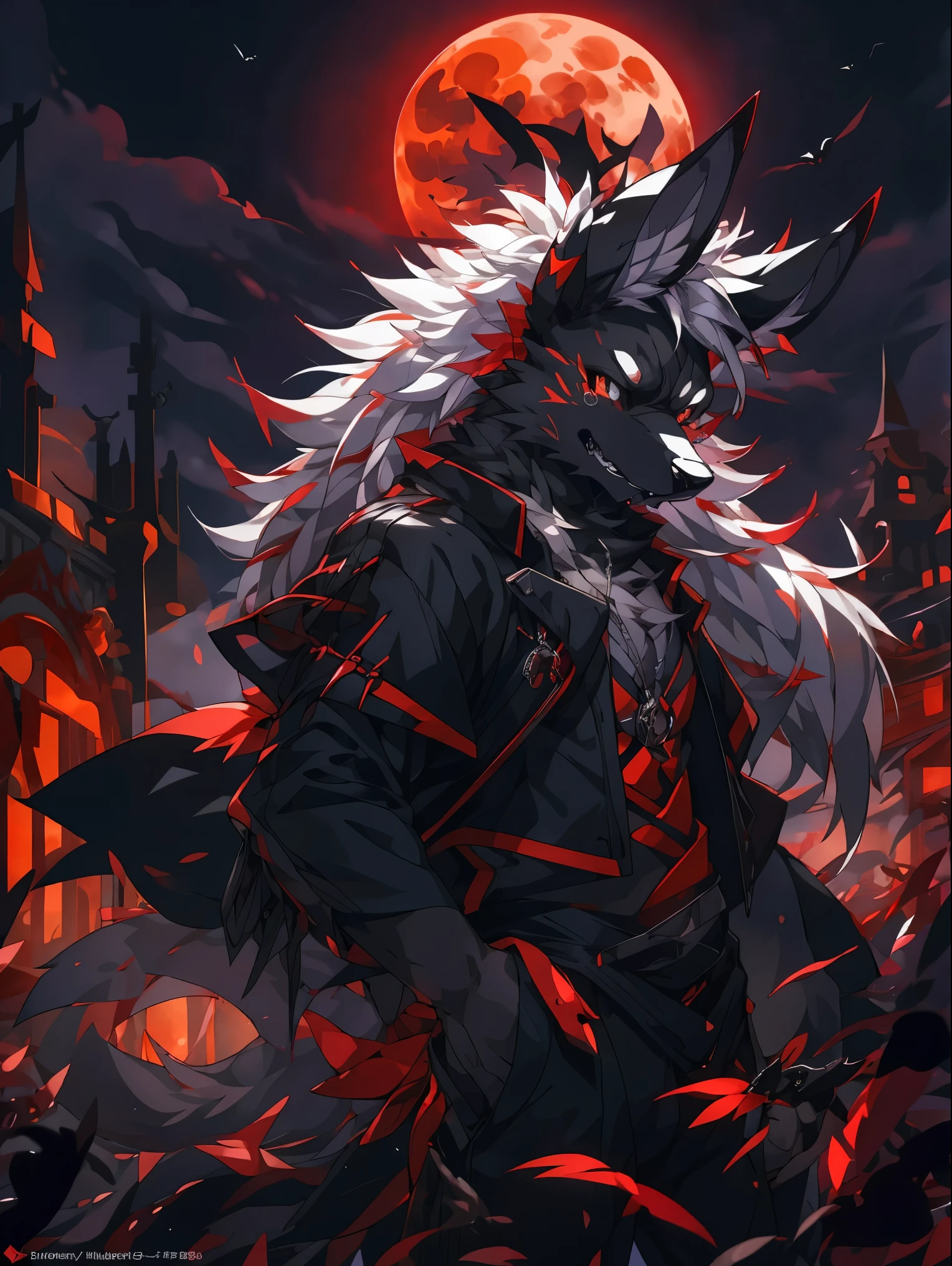 Halloween:1.3, a black wolf,Under the red moonlight,Big Red Moon,White hair:1.3,(masterpiece、top-quality、top-quality、Beautifully Aesthetic:1.2)、(((Dark Halloween Mon Beauty)))、Cool pose、ighly detailed、colourfull、highestdetailed, Anatomically correct, nffsw, high details, Textured skin, 8K,perfect hand,perfect armloody tears