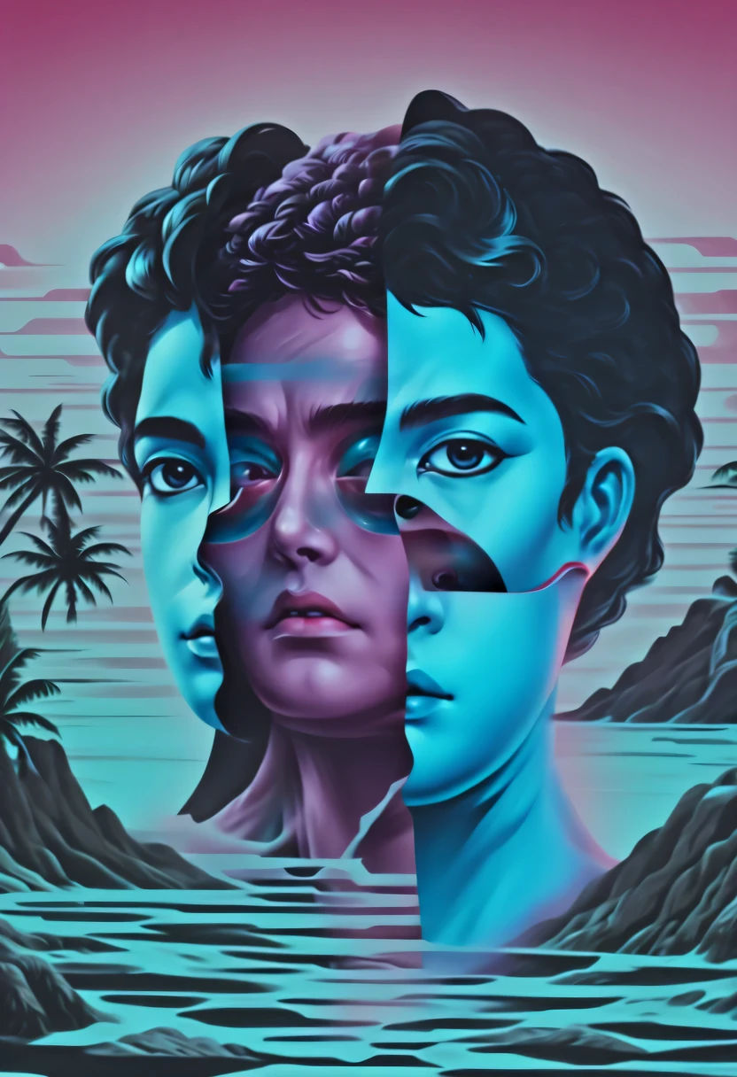 vaporwave怪诞美学,High saturation color,David bust sculpture head and body separated,  double contact, 商品ocean报,High saturation color,futuristic city, English title，fantasy, matrix, desert, ocean, Chinese pavilions,Retro screen close-up,coconut tree,24th century,Strong psychedelic colors and retro-future decadence,distressed and stylized, illusory、Collage、No order，dystopian、Lo-Fi、sample fusion jazigital、chiptune、Fault art、futuristic、High quality、dematerialized art、retro tech、Surrealism,vaporwave nostalgia, very vaporwave, maximalist vaporwave, vaporwave, vaporwave!, vaporwave aesthetics, cyberpunk vaporwave, 90s aesthetic, vaporwave art, 90s aesthetic, 90's aesthetic, hip hop vaporwave, vaporwave aesthetic, vaporwave cartoon,