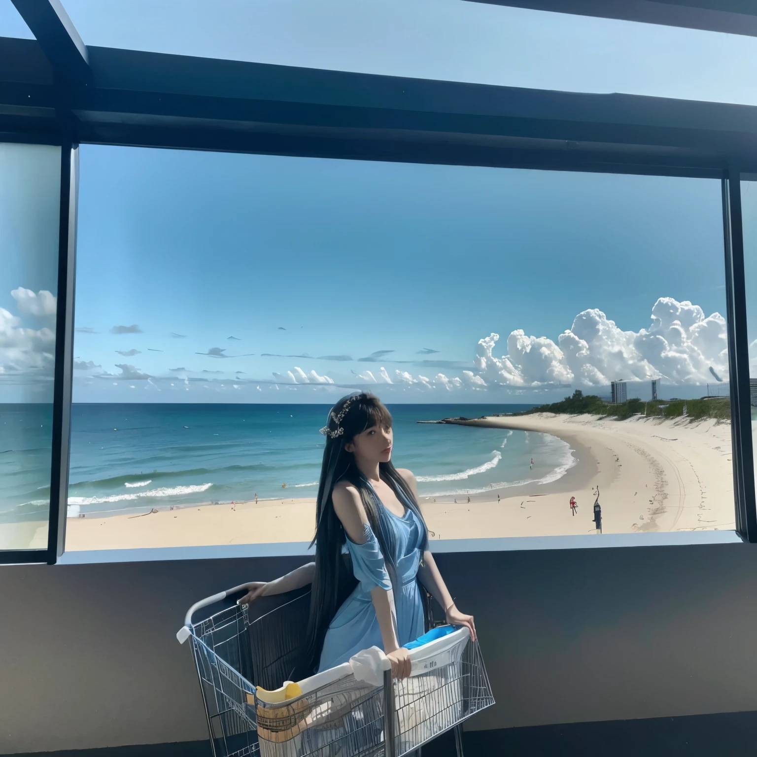 Long-haired beauty at the beach，blue tint，，look into the distance，supermarket