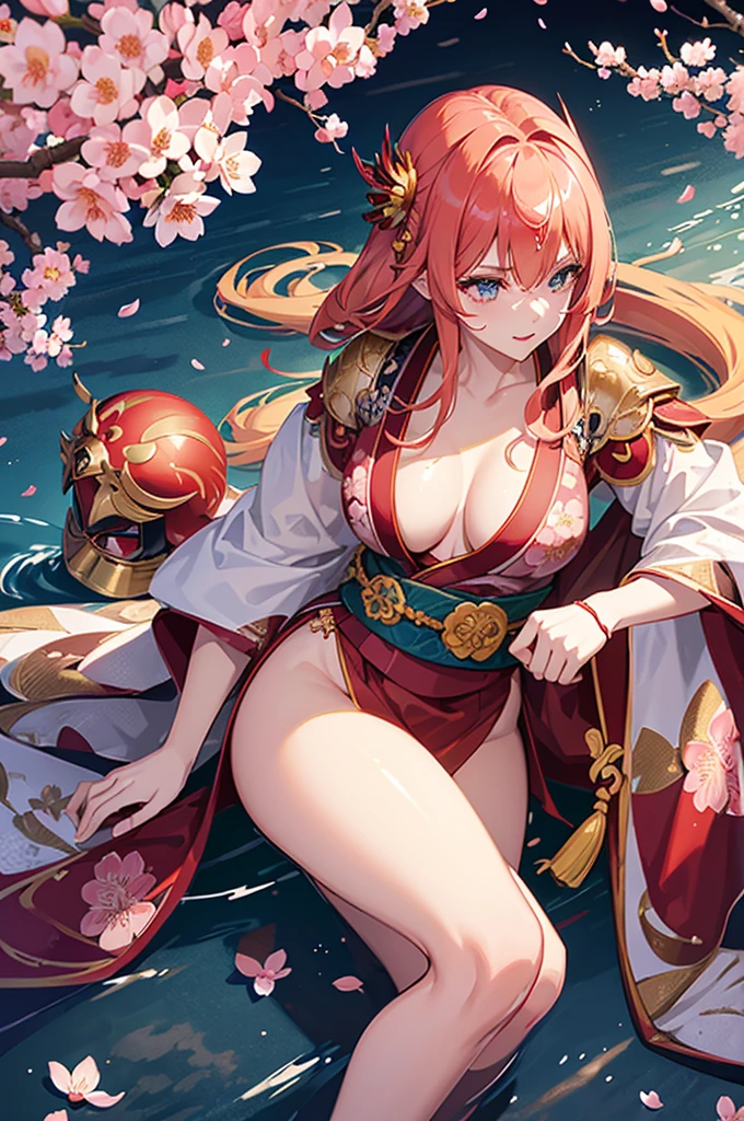 (8k), ultra detailed, best quailty, red kabuto helmet, floral patterned kimono, half open kimono, armored bra, red sode, yellow hair, long hair, big chest, thick leg red katana, detailed eyes, blue eyes, (sunrise),(((Exquisite cherry blossom garden in full bloom))),(Shimmering Nightscapes),(Cosmic Whirl),(((Powerful pose))),(Explosion:1.2),(pink lips:0.5),(Twinkling Spectacle),(((profuse bleeding:1.3)))