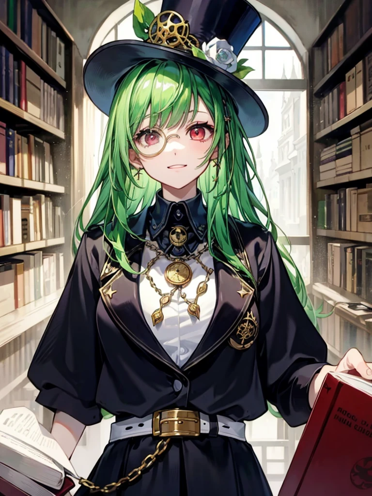 (((masterpiece、Highest image quality、highest quality、highly detailed unity 8kwallpaper)))、((Illustration of one girl、upper body))、(((beautiful girl)))、(librarian)、(Emerald green hair、messy hair、sidelocks:1.2、red eyes、crazy smile)、(((flat chest)))、(((monocle)))、pocket watch、(((Black top hat、Black tuxedo、belt)))、great medieval library、Large amount of books