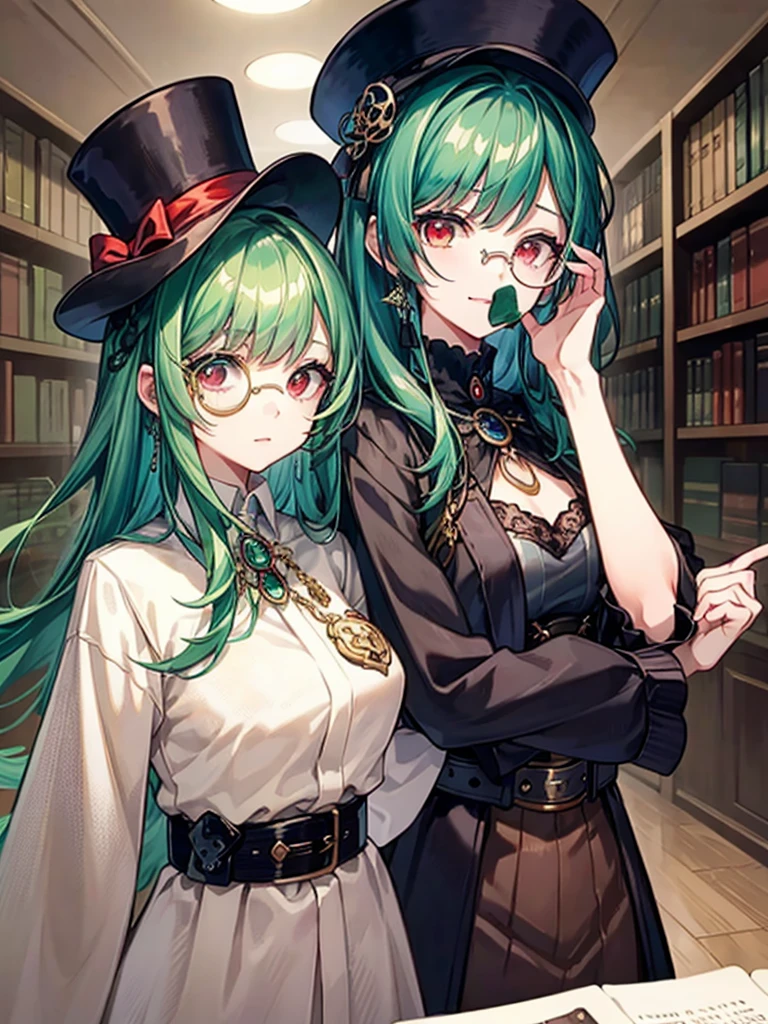 (((masterpiece、Highest image quality、highest quality、highly detailed unity 8kwallpaper)))、((Illustration of one girl、upper body))、(((beautiful girl)))、(librarian)、(Emerald green hair、messy hair、sidelocks:1.2、red eyes、crazy smile)、(((flat chest)))、(((monocle)))、pocket watch、(((Black top hat、Black tuxedo、belt)))、great medieval library、Large amount of books