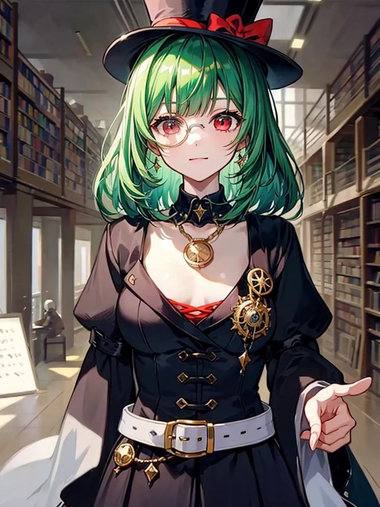 （（（masterpiece、Highest image quality、highest quality、highly detailed unity 8ｋwallpaper）））、（（Illustration of one girl、upper body））、（（（beautiful girl）））、（librarian）、（Emerald green hair、messy hair、sidelocks：1.2、red eyes、crazy smile）、（（（flat chest）））、（（（monocle）））、pocket watch、（（（Black top hat、Black tuxedo、belt）））、great medieval library、Large amount of books