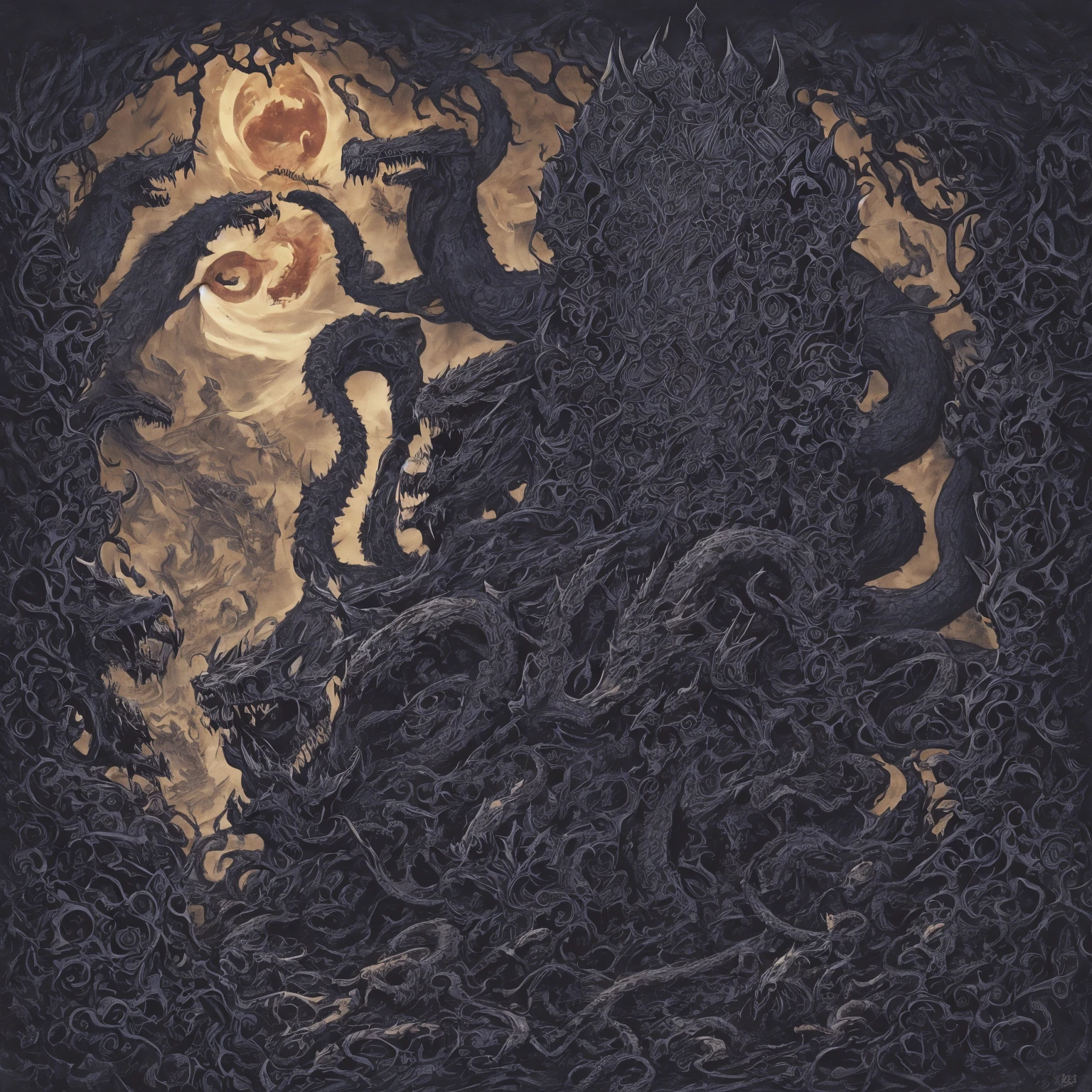 Dark tomb for a throne, beast with serpents for a crown
Bones from ashes of the stars, eyes from shadows of dead moons