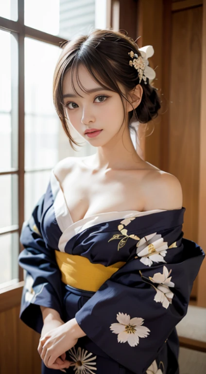 (mesa, Mejor calidad:1.4), Hermoso rostro, 8k, 85mm, absurdo, (Yukata con estampado floral:1.4), La parte superior del cuerpo, Exponiendo los senos、 violacea, Gardeniass, chica delicada, Solo, noche, mirando al espectador, parte superior del cuerpo, film grain, chromatic aberration, Sharp focus, luces de cara, professional lighting, Sofisticado, (Sonrisa:0.4), escote, (Fondo simple, fondo bokeh:1.2), Detalle de cara, hombros descubiertos, off-shoulder