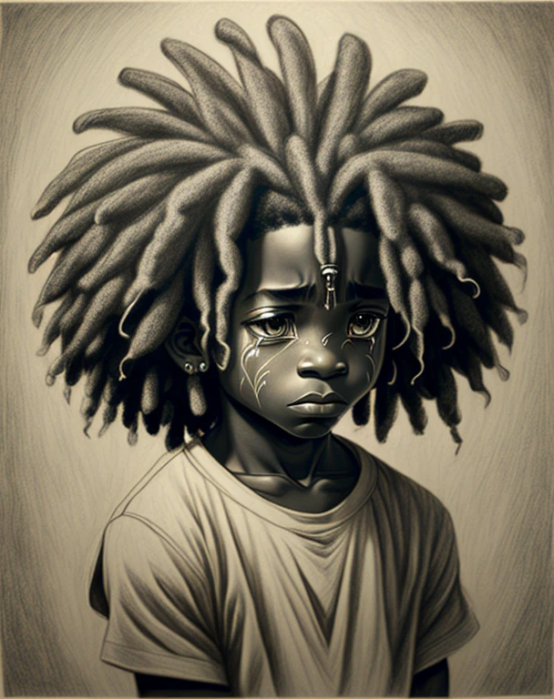 I want an expression of Sad crying , example of 1 male characters in graphite pencil drawing, cabelo afro caindo para a frente, Tipo Rasta, 8k Camera, para colocar de perfil no tiktok,
