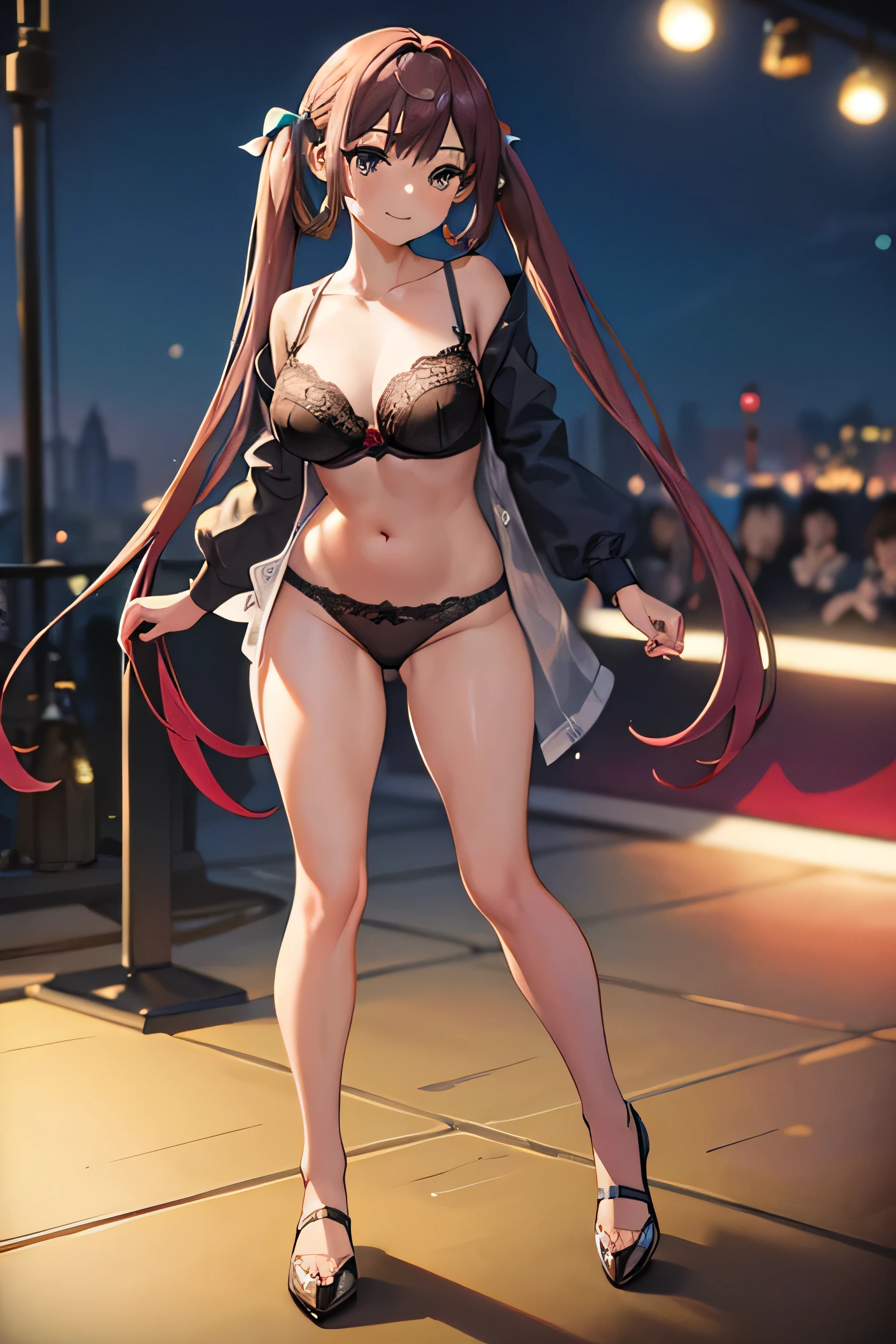 (masterpiece, highest quality, delicate details, 8K:1.2), nice hands, perfect hands, By Guido Daniele, Asagumo KC, (hair) ribbon, big breasts, In underwear, good:1.5, panties:1.5, shoes, 長hair, twin tails, 茶hair, full body shot, Low - Angle, smile, front, (outdoor, outdoor stage, on stage, audience),