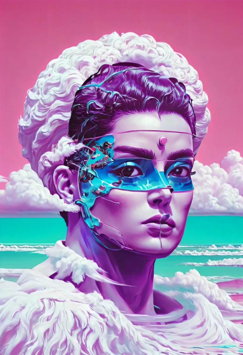 vaporwave怪诞美学,High saturation color,David bust sculpture head and body separated,  double contact, 商品ocean报,High saturation color,futuristic city, English title，fantasy, matrix, desert, ocean, Chinese pavilions,Retro screen close-up,coconut tree,24th century,Strong psychedelic colors and retro-future decadence,distressed and stylized, illusory、Collage、No order，dystopian、Lo-Fi、sample fusion jazigital、chiptune、Fault art、futuristic、High quality、dematerialized art、retro tech、Surrealism,vaporwave nostalgia, very vaporwave, maximalist vaporwave, vaporwave, vaporwave!, vaporwave aesthetics, cyberpunk vaporwave, 90s aesthetic, vaporwave art, 90s aesthetic, 90's aesthetic, hip hop vaporwave, vaporwave aesthetic, vaporwave cartoon,