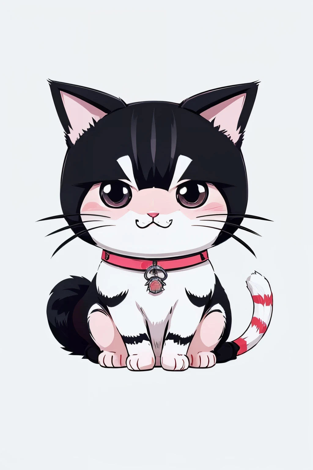 Sticker CARTOON style illustration: A Japanese Samurai Cat with kawaii (cute) features, big round eyes, and pink blush. Full-view display, showcasing the cat's armored samurai suit, complete with helmet and sword. The cat's ears are pointed like a samurai's headpiece, and its whiskers form a smile. Vector art design ensures clean lines and crisp details. This artwork is perfect for a t-shirt design and must be placed on a white background for clear visibility.