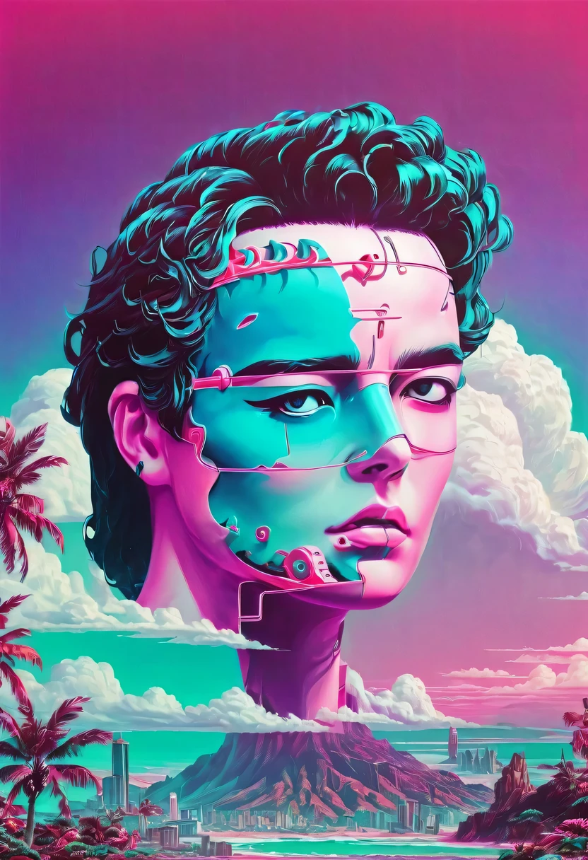 vaporwave怪诞美学,High saturation color,David bust sculpture head and body separated, double contact, 商品ocean报,High saturation color,futuristic city, English title,fantasy, matrix, desert, ocean, China,Retro screen close-up,coconut tree,24th century,Strong psychedelic colors and retro-future decadence,distressed and stylized, illusory、Collage、No order,dystopian、Lo-Fi、sample fusion jazigital、chiptune、Fault art、futuristic、High quality、dematerialized art、retro tech、Surrealism,vaporwave nostalgia, very vaporwave, maximalist vaporwave, vaporwave, vaporwave!, vaporwave aesthetics, cyberpunk vaporwave, 90s aesthetic, vaporwave art, 90s aesthetic, 90's aesthetic, hip hop vaporwave, vaporwave aesthetic, vaporwave cartoon,