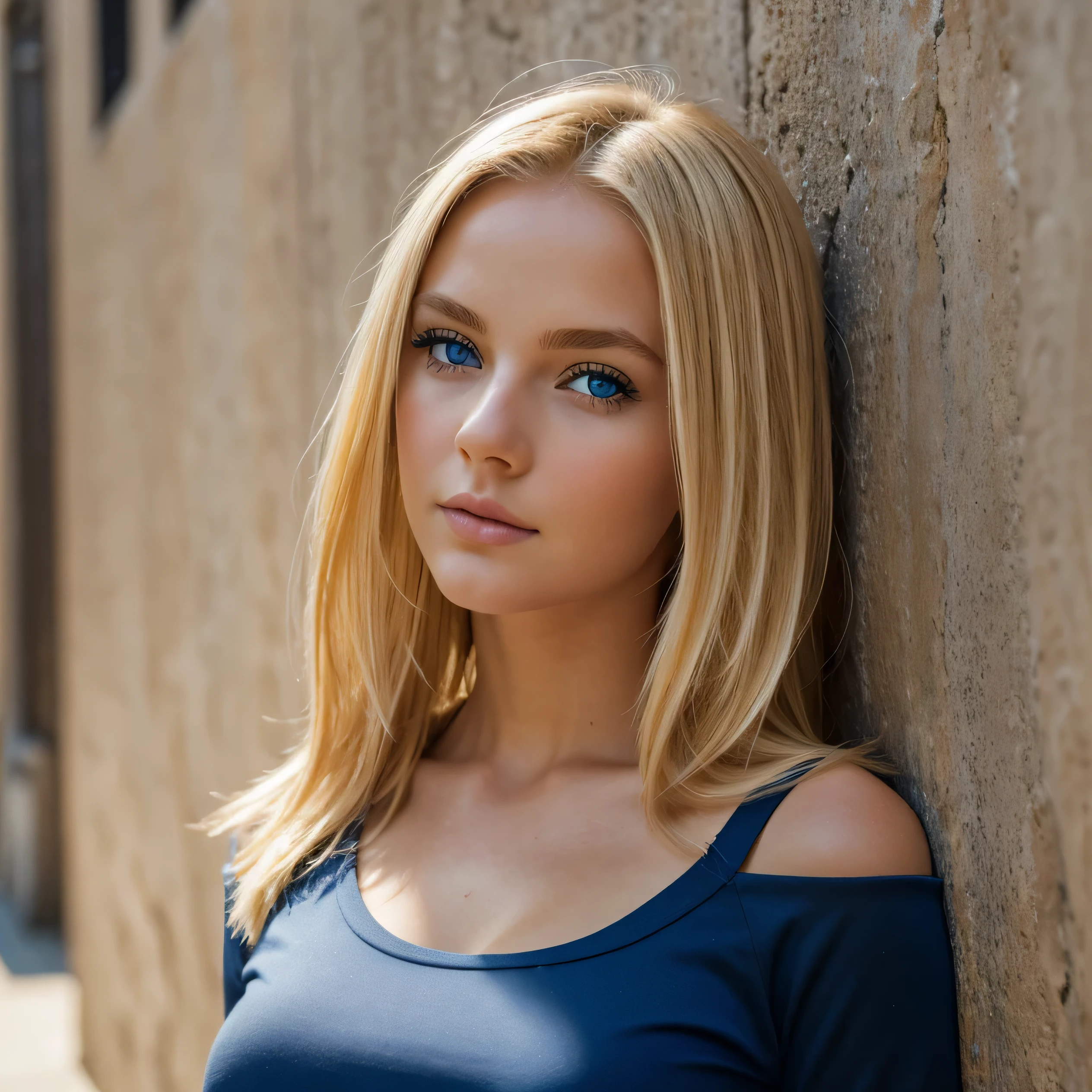 chica . Color de cabello rubio con una cara linda., ojos azules perfectos. Body size B. chica, Color de cabello rubio con una cara linda., vistiendo un top negro mientras se apoya contra una pared, Muy detallado, Cara inocente, ojos azules perfectos. Body size B. Pelo natural. disparado en Canon, 85mm, High Definition Quality, 8k, mujer joven, 26 years old. obra maestra, foto realista, detalles intrincados, foto cruda, ultra detallado