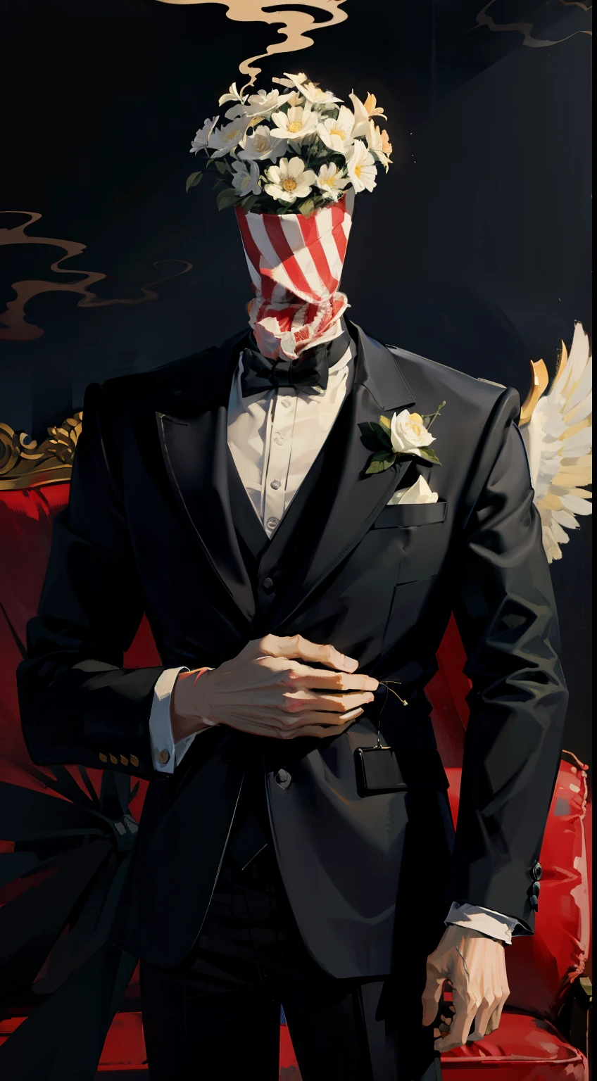 1man, masterpiece,strange head, flowers head, flowers in head,couch, gun, pistol, smoke, formal clothes,suit, white shirt, high details, gorgeous, 4k, BREAK close up, no humans, cinematic, dramatic,contrast, , night,fog, wallpaper, misteryous, digital art,