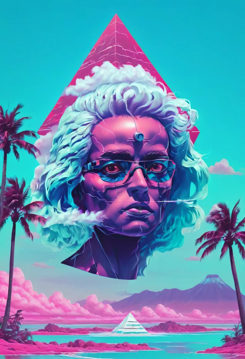 vaporwave怪诞美学,High saturation color,David bust sculpture head and body separated,  double contact, 商品ocean报,High saturation color,futuristic city, English title，fantasy, matrix, desert, ocean, pyramid,Retro screen close-up,coconut tree,24th century,Strong psychedelic colors and retro-future decadence,distressed and stylized, illusory、Collage、No order，dystopian、Lo-Fi、sample fusion jazigital、chiptune、Fault art、futuristic、High quality、dematerialized art、retro tech、Surrealism,vaporwave nostalgia, very vaporwave, maximalist vaporwave, vaporwave, vaporwave!, vaporwave aesthetics, cyberpunk vaporwave, 90s aesthetic, vaporwave art, 90s aesthetic, 90's aesthetic, hip hop vaporwave, vaporwave aesthetic, vaporwave cartoon,