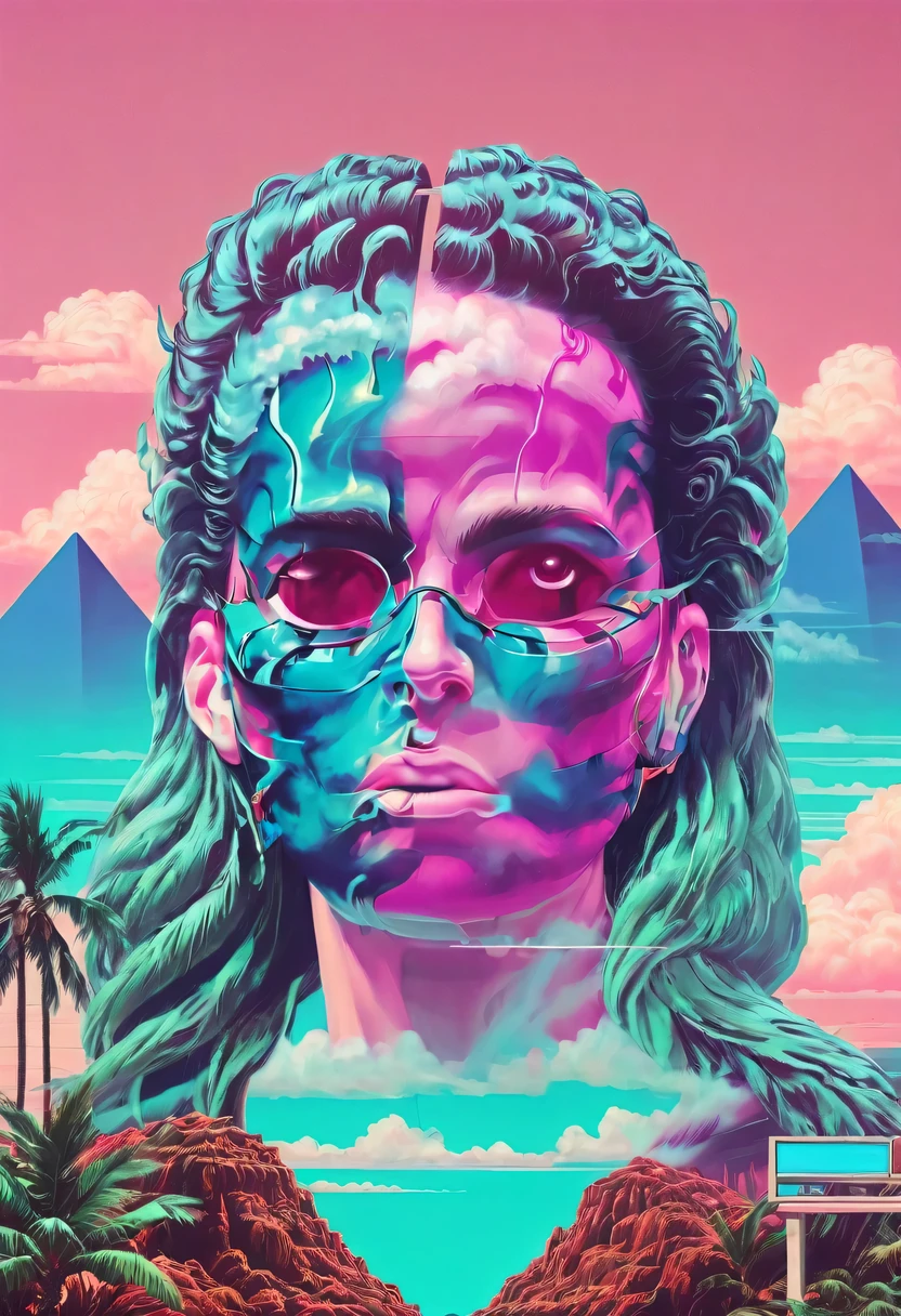 vaporwave怪诞美学,High saturation color,David bust sculpture head and body separated,  double contact, 商品ocean报,High saturation color,futuristic city, English title，fantasy, matrix, desert, ocean, pyramid,Retro screen close-up,coconut tree,24th century,Strong psychedelic colors and retro-future decadence,distressed and stylized, illusory、Collage、No order，dystopian、Lo-Fi、sample fusion jazigital、chiptune、Fault art、futuristic、High quality、dematerialized art、retro tech、Surrealism,vaporwave nostalgia, very vaporwave, maximalist vaporwave, vaporwave, vaporwave!, vaporwave aesthetics, cyberpunk vaporwave, 90s aesthetic, vaporwave art, 90s aesthetic, 90's aesthetic, hip hop vaporwave, vaporwave aesthetic, vaporwave cartoon,