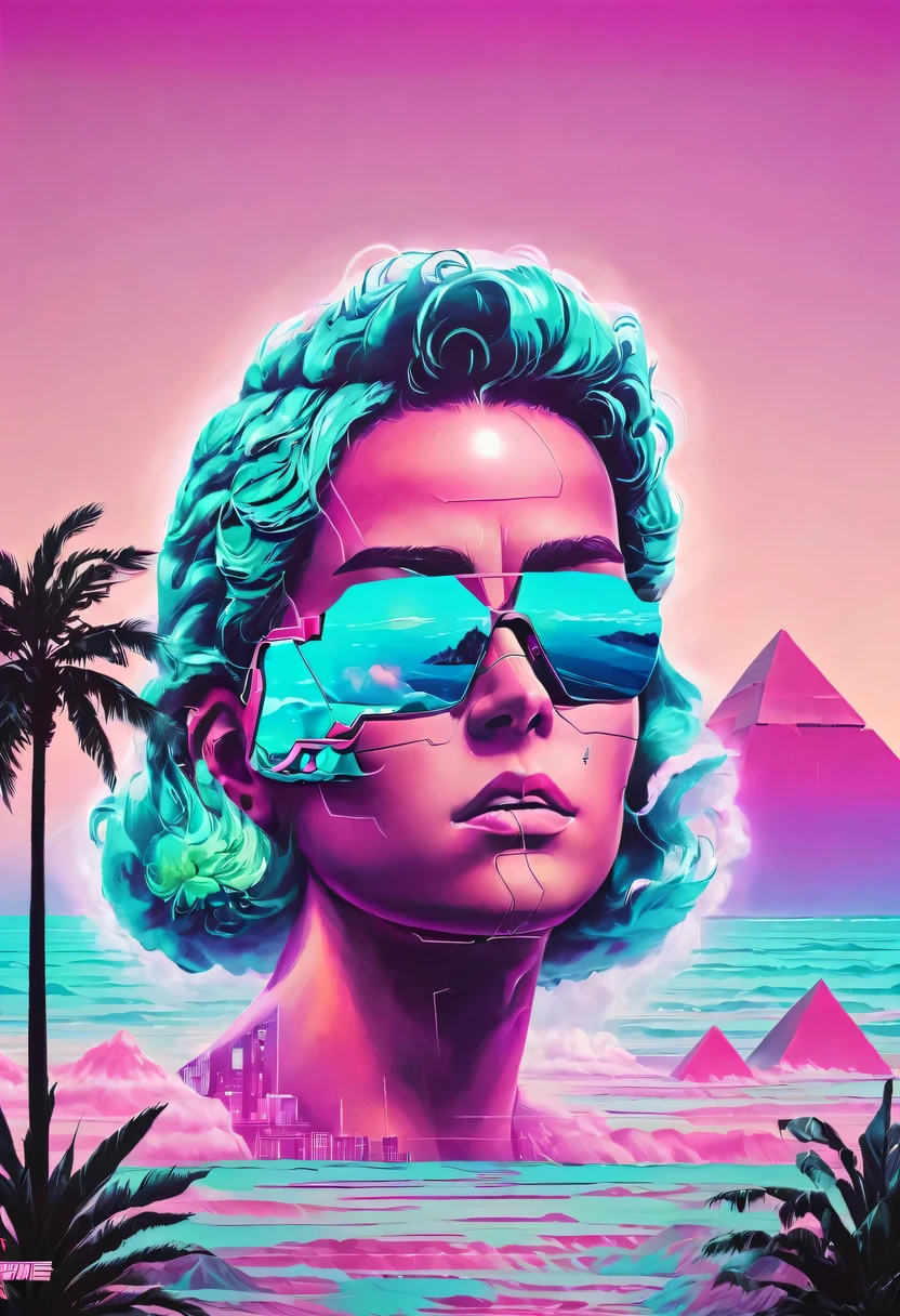 vaporwave怪诞美学,High saturation color,David bust sculpture head and body separated, double contact, 商品ocean报,High saturation color,futuristic city, English title,fantasy, matrix, desert, ocean, pyramid,Retro screen close-up,coconut tree,24th century,Strong psychedelic colors and retro-future decadence,distressed and stylized, illusory、Collage、No order,dystopian、Lo-Fi、sample fusion jazigital、chiptune、Fault art、futuristic、High quality、dematerialized art、retro tech、Surrealism,vaporwave nostalgia, very vaporwave, maximalist vaporwave, vaporwave, vaporwave!, vaporwave aesthetics, cyberpunk vaporwave, 90s aesthetic, vaporwave art, 90s aesthetic, 90's aesthetic, hip hop vaporwave, vaporwave aesthetic, vaporwave cartoon,