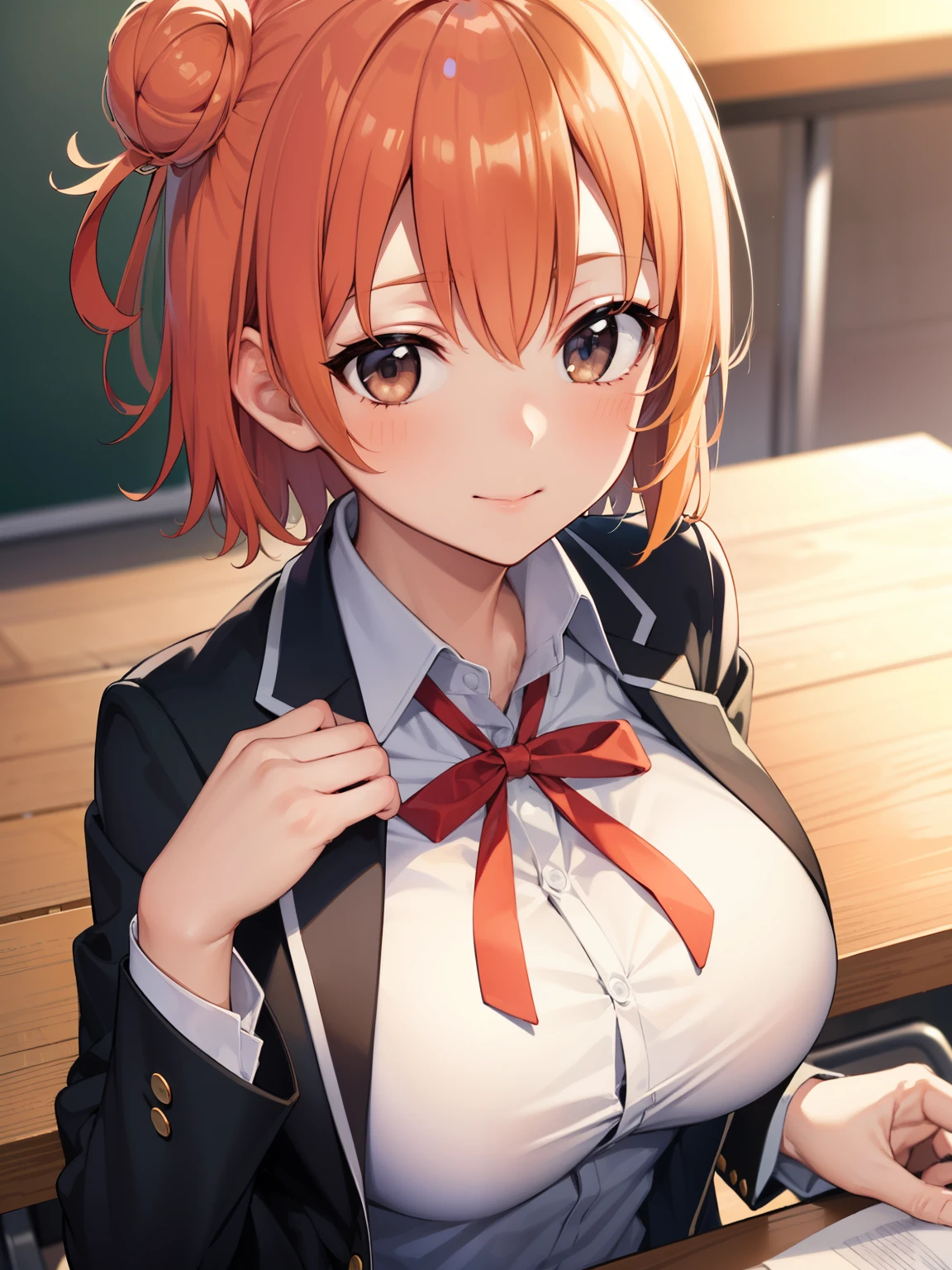 Yuigahama Yui, short hair, (brown eyes), (orange hair), single bun hair,
break 1girl, shirt, ribbon, school uniform, Jacket, white shirt, black Jacket, blazer, sobu high school uniform,
break looking at viewer,
break (masterpiece:1.2), highest quality, High resolution, unity 8k wallpaper, (beautiful and fine eyes), highly detailed face, perfect lighting, Very detailed CG, (perfect hands, perfect anatomy),
(blush:1.2),
(huge breasts, focus breasts),
classroom,
upper body,
incoming hug kiss,
