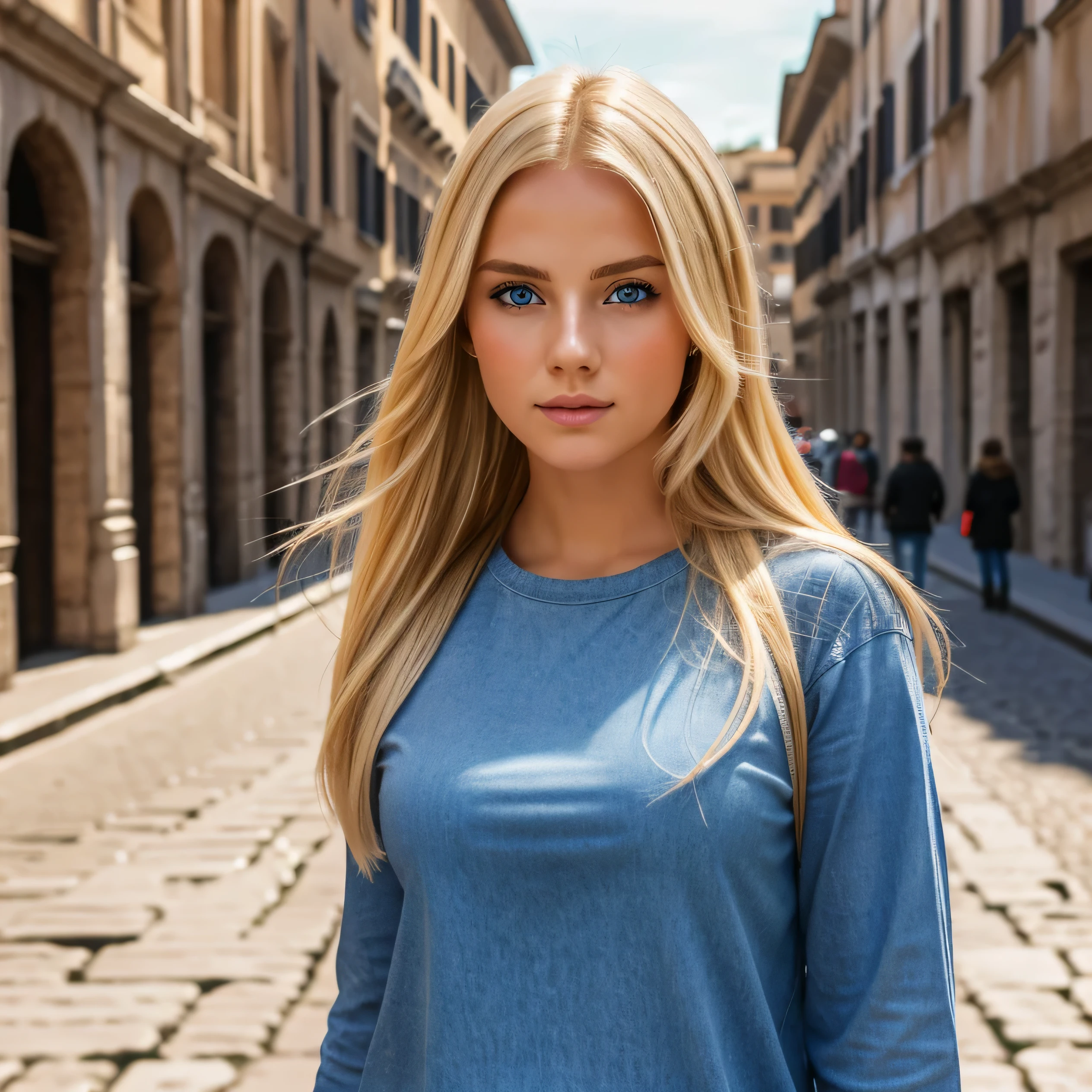 Chica vestida con ropa informal en la calle.. Color de cabello rubio con una cara linda., ojos azules perfectos. Body size B. Antecedentes de la ciudad de Roma, Coliseo romano. High Definition Quality, 8k, mujer joven, 26 years old. obra maestra, foto realista, detalles intrincados, foto cruda, ultra detallado