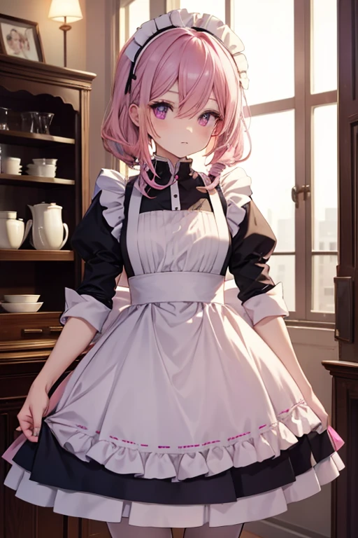 A pink haired woman with violet eyes with an hourglass figures is wearing a maid's outfit in a maid cafe