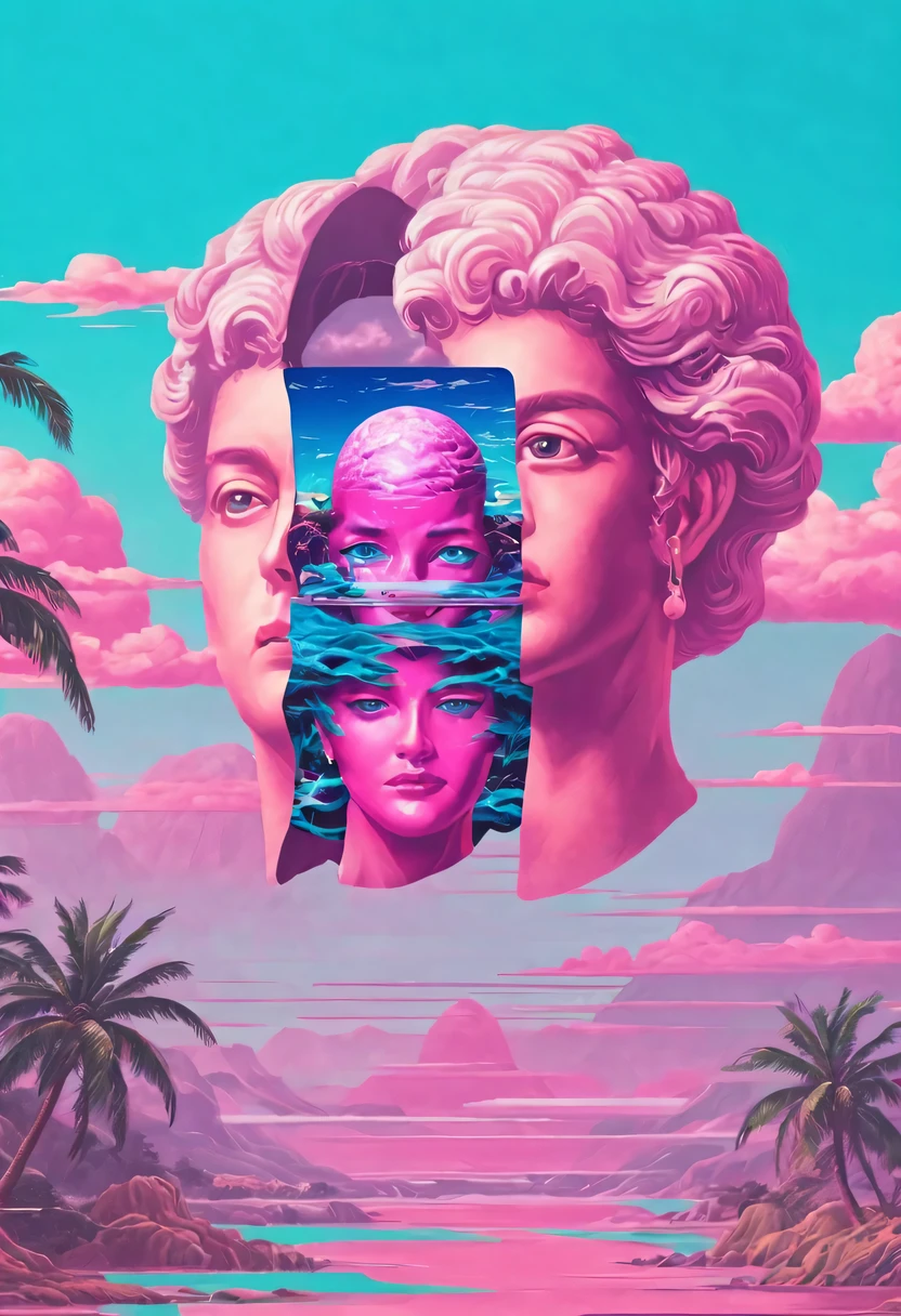 vaporwave怪诞美学,High saturation color,David bust sculpture head and body separated,  double contact, 商品ocean报,High saturation color,futuristic city, English title，fantasy, matrix, desert, ocean, pyramid,Retro screen close-up,coconut tree,24th century,Strong psychedelic colors and retro-future decadence,distressed and stylized, illusory、Collage、No order，dystopian、Lo-Fi、sample fusion jazigital、chiptune、Fault art、futuristic、High quality、dematerialized art、retro tech、Surrealism,vaporwave nostalgia, very vaporwave, maximalist vaporwave, vaporwave, vaporwave!, vaporwave aesthetics, cyberpunk vaporwave, 90s aesthetic, vaporwave art, 90s aesthetic, 90's aesthetic, hip hop vaporwave, vaporwave aesthetic, vaporwave cartoon,