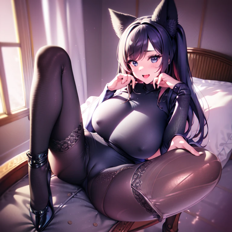 (((masterpiece))), (((best quality))), ((ultra-detailed)), (cinematic lighting), (illustration), (beautiful detailed eyes), (1girl), full body, looking at viewer, ?????????????, bed, dakimakura \(medium\), blush, ((grabbing own ??????)), open mouth, ???????? suggestive, smug, smile, alice \(nikke\), (pink latex ????????:1.3), animal ear headphones, shiny clothes, twintails,???????????, giga_busty, ctmp