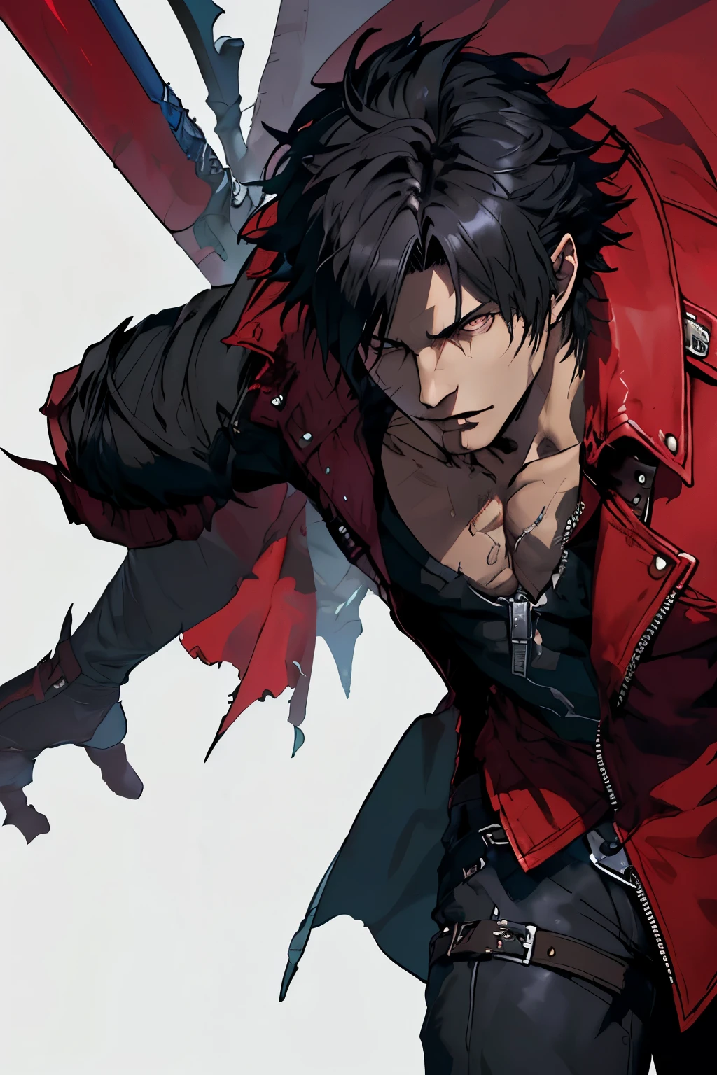 retrato de corpo, um homem, Dante's appearance from Devil May Cry 5, Roupa de Dante de Devil May Cry 5, black colored hair, Mundo Devil May Cry 5, appearance of 18 years of age, Dark Colored Eyes, Segurando a Espada Rebellion de Devil May Cry 3