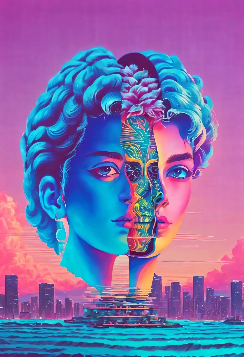 (vaporwave aesthetics:1.8)，futuristic city, English title，fantasy, matrix, desert, ocean, Chinese pavilions,Retro 70s screen close-up,coconut tree,24th century,Strong psychedelic colors and retro-future decadence,distressed and stylized, illusory、Collage、No order，dystopian、Lo-Fi、