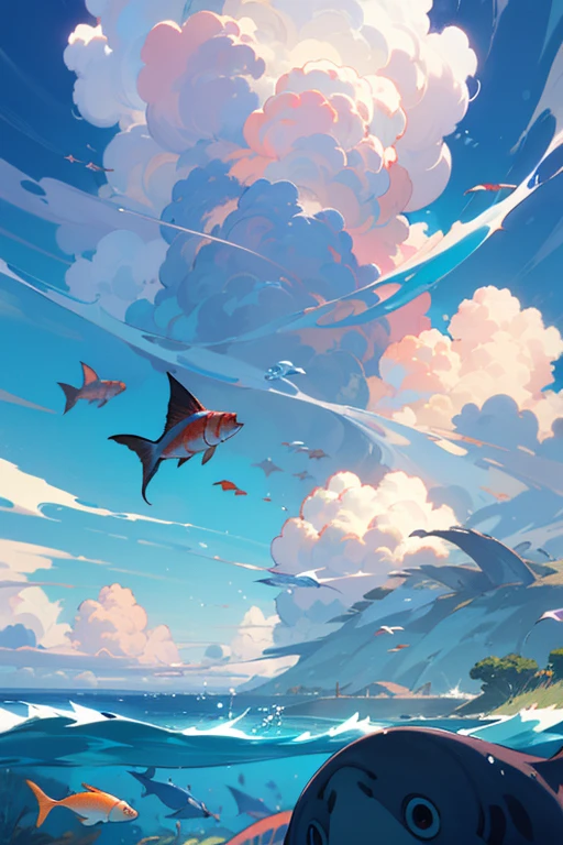 ((best quality)), ((masterpiece)), (detailed), perfect magical place like a dream, peacful, warm, that isn't real, where you see the whole ocean and fishes that swimming around on the sky, with cotton candy cloud