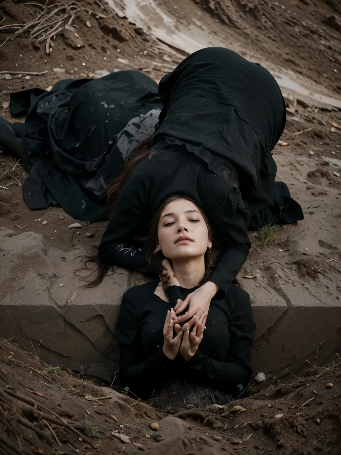 ((Jeremy Lipking style)) ((Nicola Samori style)) woman buried in the ground, two very ugly sad women, ((long black dress)), front, sky, field)), hair up, (oil on linen), (photo from nikon d800, 50mm
lens), focus, ((two women with legs buried in the ground))