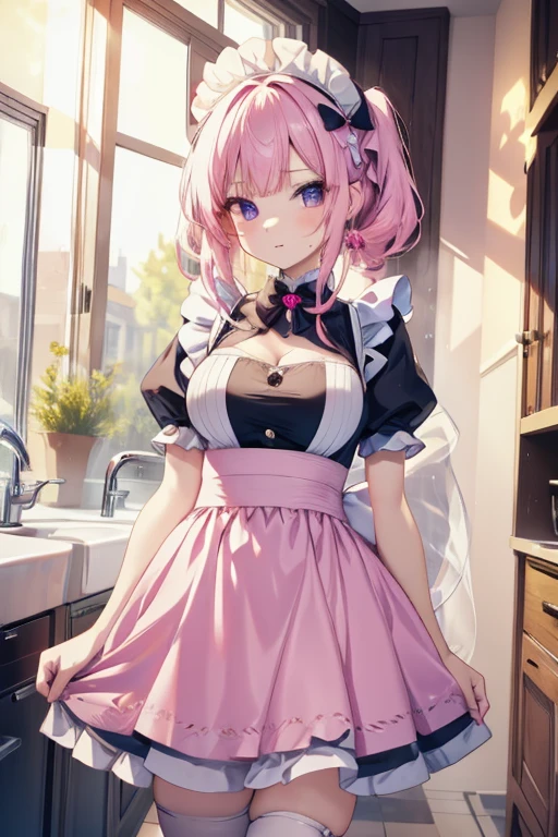 A pink haired woman with violet eyes with an hourglass figures is wearing a  pink maid's outfit  and kitty ears in a maid cafe
