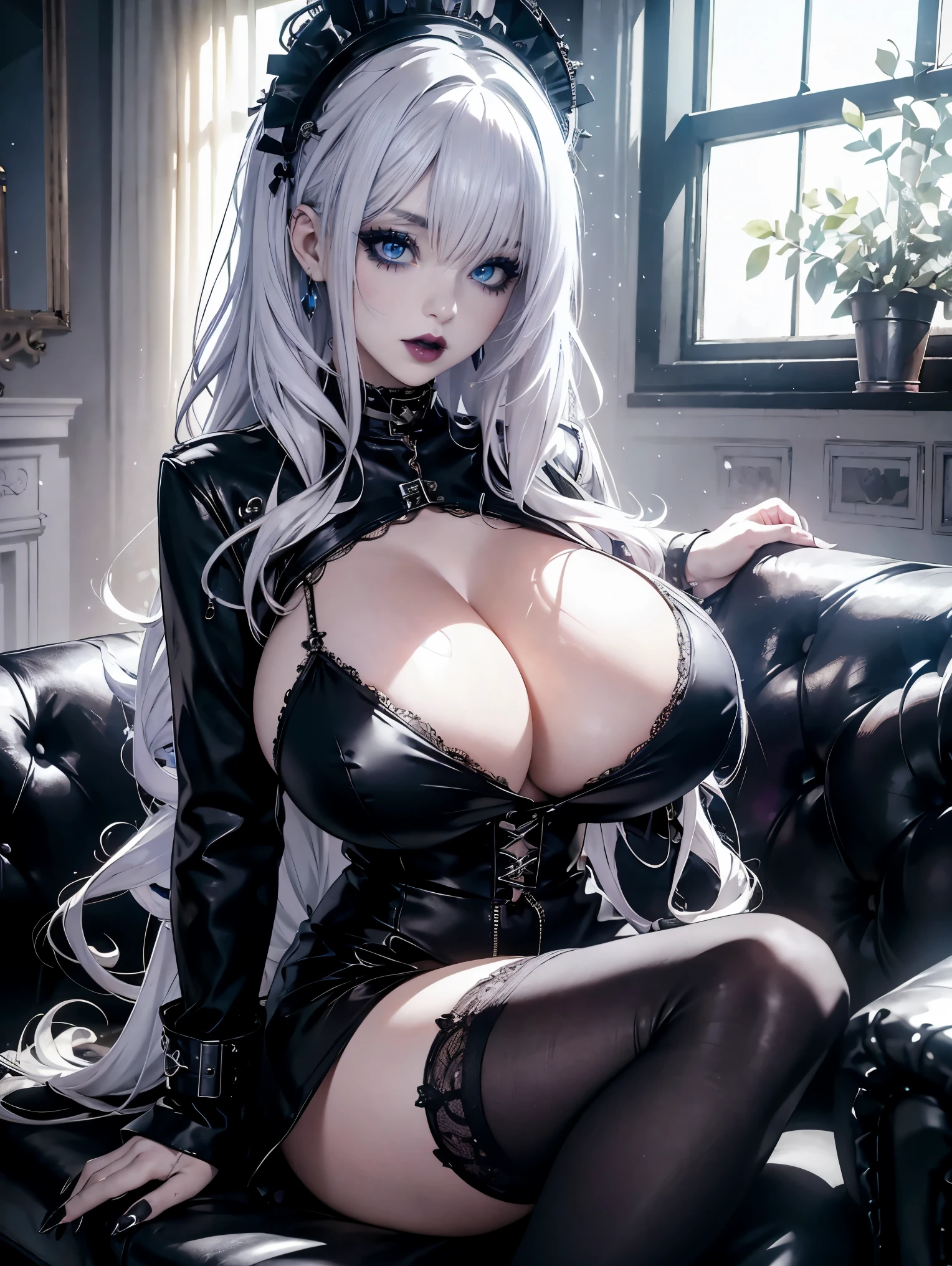 a 19yo woman(goth girl, white curly hair)Her eyes are blue and beautiful. More punk style、gothic clothes、house indoor, light from windows, sitting on a blackleather sofa, thick thigs, cinematic lights,、light particles, lipstick、Detailed details, cinematic lights,, massive breasts,