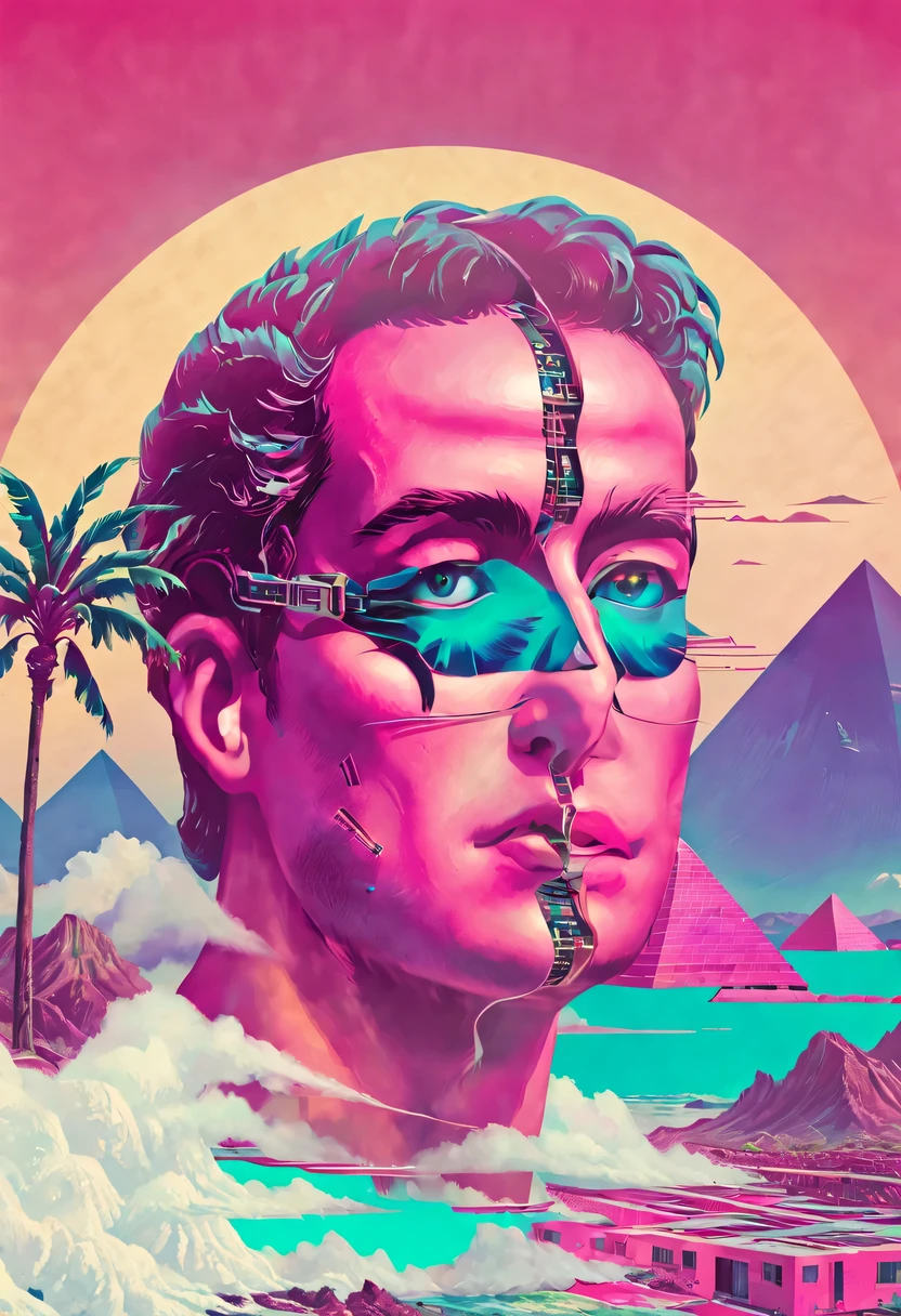 vaporwave怪诞美学,High saturation color,David bust sculpture head and body separated, double contact, 商品ocean报,High saturation color,futuristic city, English title,fantasy, matrix, desert, ocean, pyramid,Retro screen close-up,coconut tree,24th century,Strong psychedelic colors and retro-future decadence,distressed and stylized, illusory、Collage、No order,dystopian、Lo-Fi、sample fusion jazigital、chiptune、Fault art、futuristic、High quality、dematerialized art、retro tech、Surrealism,vaporwave nostalgia, very vaporwave, maximalist vaporwave, vaporwave, vaporwave!, vaporwave aesthetics, cyberpunk vaporwave, 90s aesthetic, vaporwave art, 90s aesthetic, 90's aesthetic, hip hop vaporwave, vaporwave aesthetic, vaporwave cartoon,