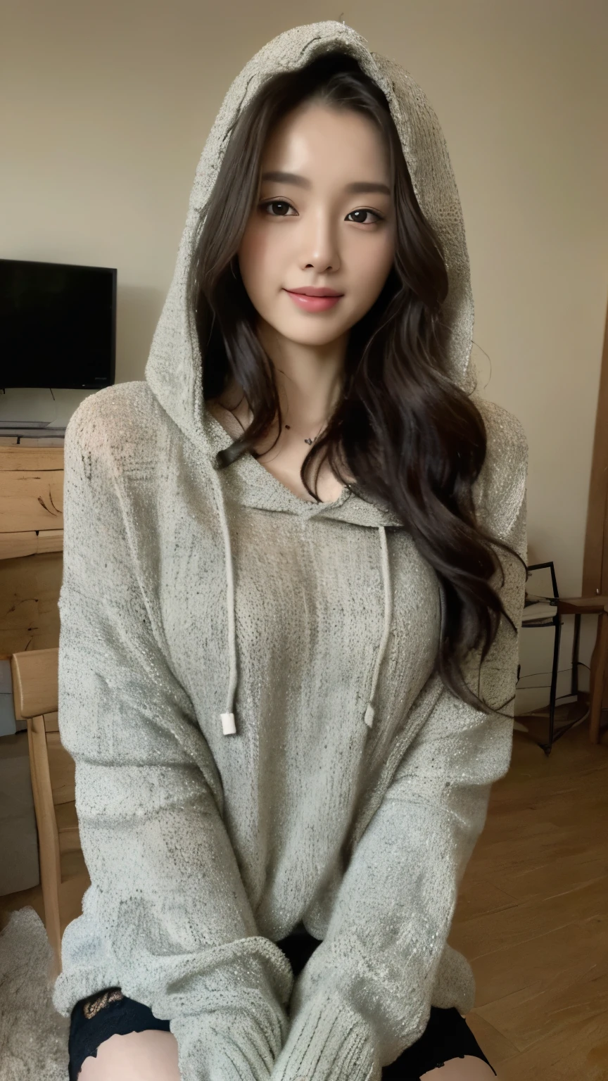 ((top-quality、8k、masterpiece:1.3))、Beautiful woman with perfect body:1.4、slim abdomen:1.2、Longhair, normal breast, Highly detailed facial and skin texture, A detailed eye, delicate eyes, (smile), (full body shot), ((computer room)), (sitting on chair), (((wearing hooded sweater)), looking in front