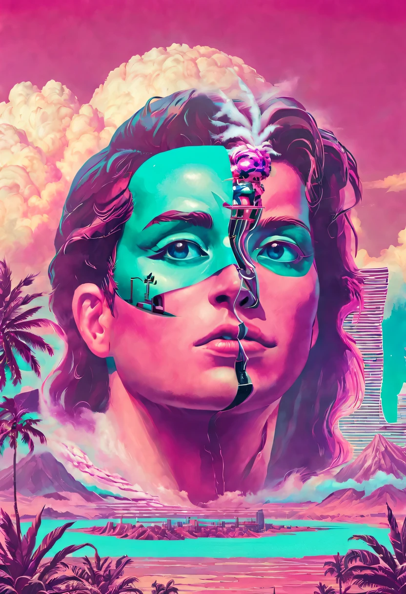 vaporwave怪诞美学,High saturation color,David bust sculpture head and body separated,  double contact, 商品ocean报,High saturation color,futuristic city, English title，fantasy, matrix, desert, ocean, pyramid,Retro screen close-up,coconut tree,24th century,Strong psychedelic colors and retro-future decadence,distressed and stylized, illusory、Collage、No order，dystopian、Lo-Fi、sample fusion jazigital、chiptune、Fault art、futuristic、High quality、dematerialized art、retro tech、Surrealism,vaporwave nostalgia, very vaporwave, maximalist vaporwave, vaporwave, vaporwave!, vaporwave aesthetics, cyberpunk vaporwave, 90s aesthetic, vaporwave art, 90s aesthetic, 90's aesthetic, hip hop vaporwave, vaporwave aesthetic, vaporwave cartoon,