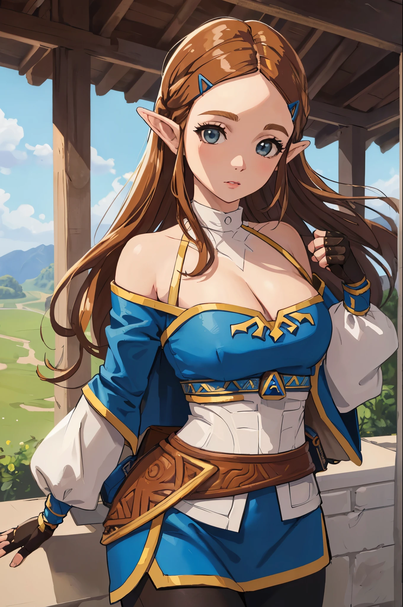 The Legend of Zelda Costume，cleavage，Off the shoulder dress
(best quality, masterpiece, original photo,Super detailed:1.2), 1 girl,alone,looking at the audience,  