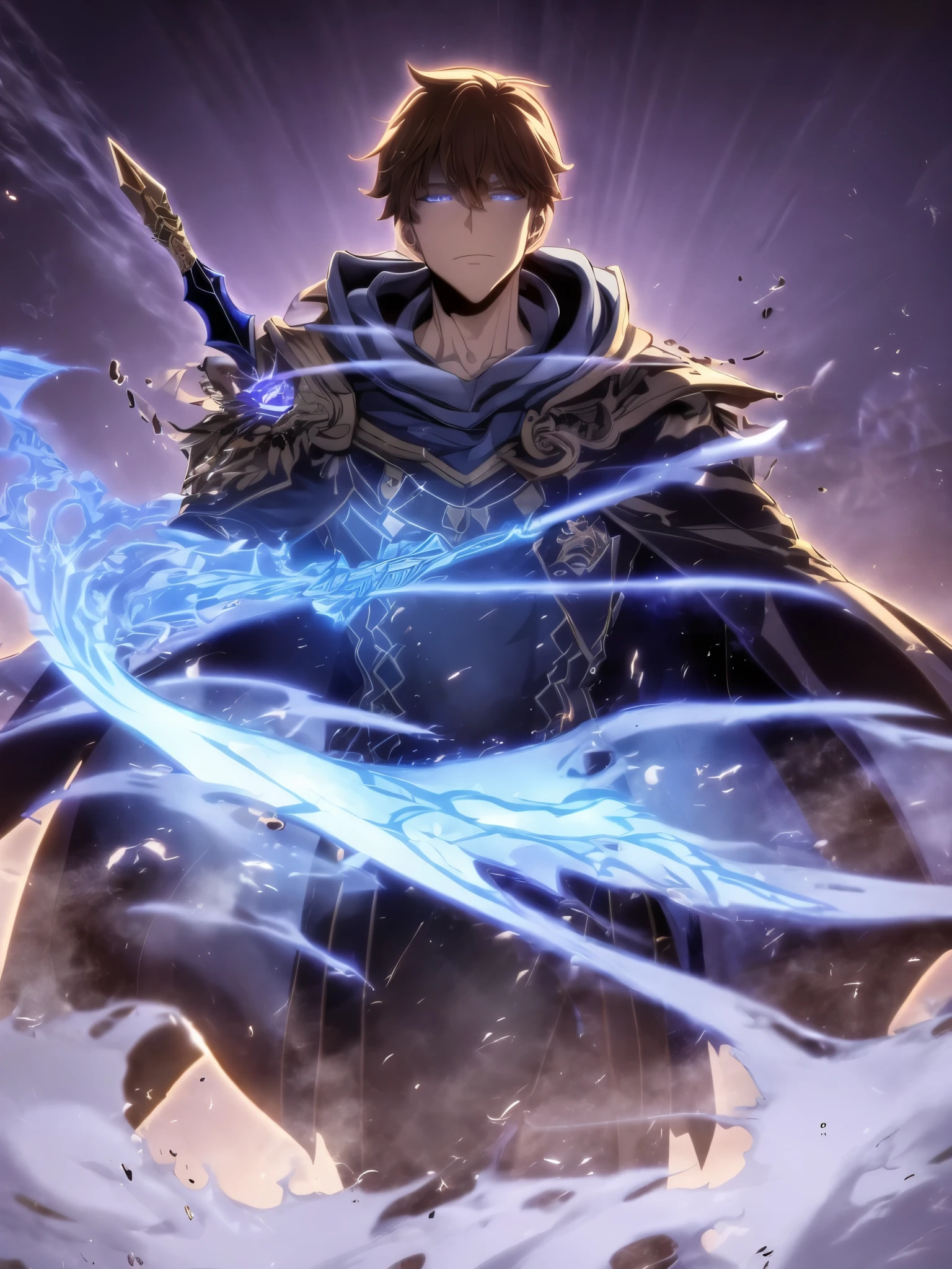 ultra HD 8k best quality,ultra-detailed,realistic:1.37,portrait,dark fantasy,anime,solo leveling,heroic character, one boy,Brown eyes, Brown hair, overcoat with hood, sharp focus,magical powers,mysterious aura,dynamic pose,threatening expression,glowing eyes,demonic presence,grim reaper cloak,detailed armor,enchanted weapon,dark background,eerie lighting,blue color palette,smoke effects,action scene,high contrast,fluid brush strokes,masterpiece:1.2