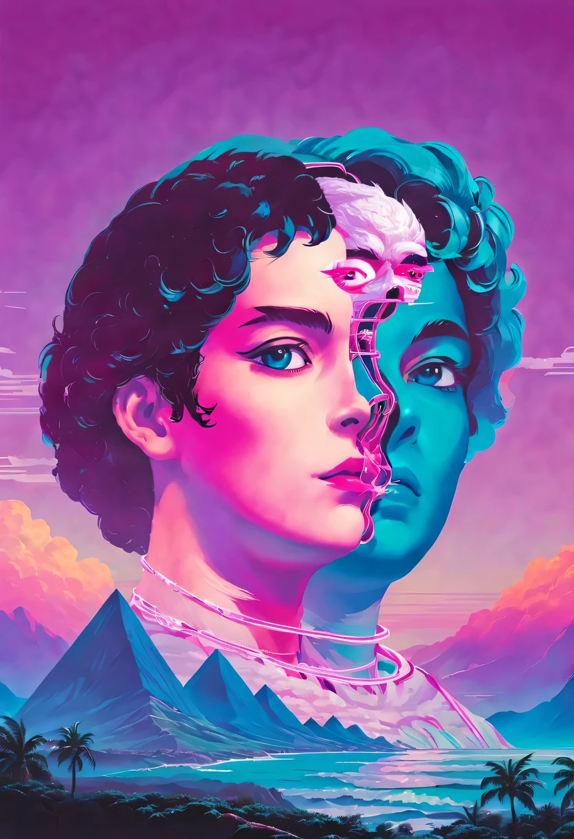 vaporwave怪诞美学,High saturation color,David bust sculpture head and body separated,  double contact, 商品ocean报,High saturation color,futuristic city, English title，fantasy, matrix, desert, ocean, pyramid,Retro screen close-up,coconut tree,24th century,Strong psychedelic colors and retro-future decadence,distressed and stylized, illusory、Collage、No order，dystopian、Lo-Fi、sample fusion jazigital、chiptune、Fault art、futuristic、High quality、dematerialized art、retro tech、Surrealism,vaporwave nostalgia, very vaporwave, maximalist vaporwave, vaporwave, vaporwave!, vaporwave aesthetics, cyberpunk vaporwave, 90s aesthetic, vaporwave art, 90s aesthetic, 90's aesthetic, hip hop vaporwave, vaporwave aesthetic, vaporwave cartoon,